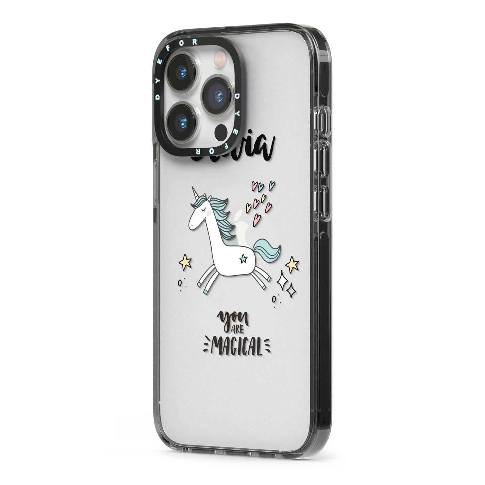 Personalised You Are Magical Unicorn iPhone 13 Pro Black Impact Case Side Angle on Silver phone