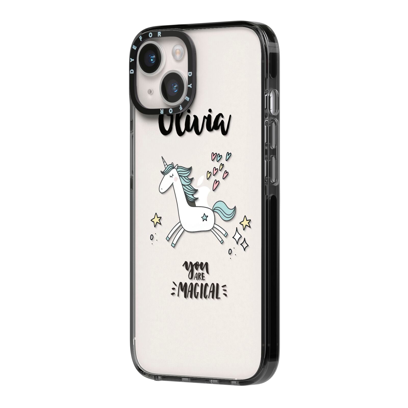 Personalised You Are Magical Unicorn iPhone 14 Black Impact Case Side Angle on Silver phone