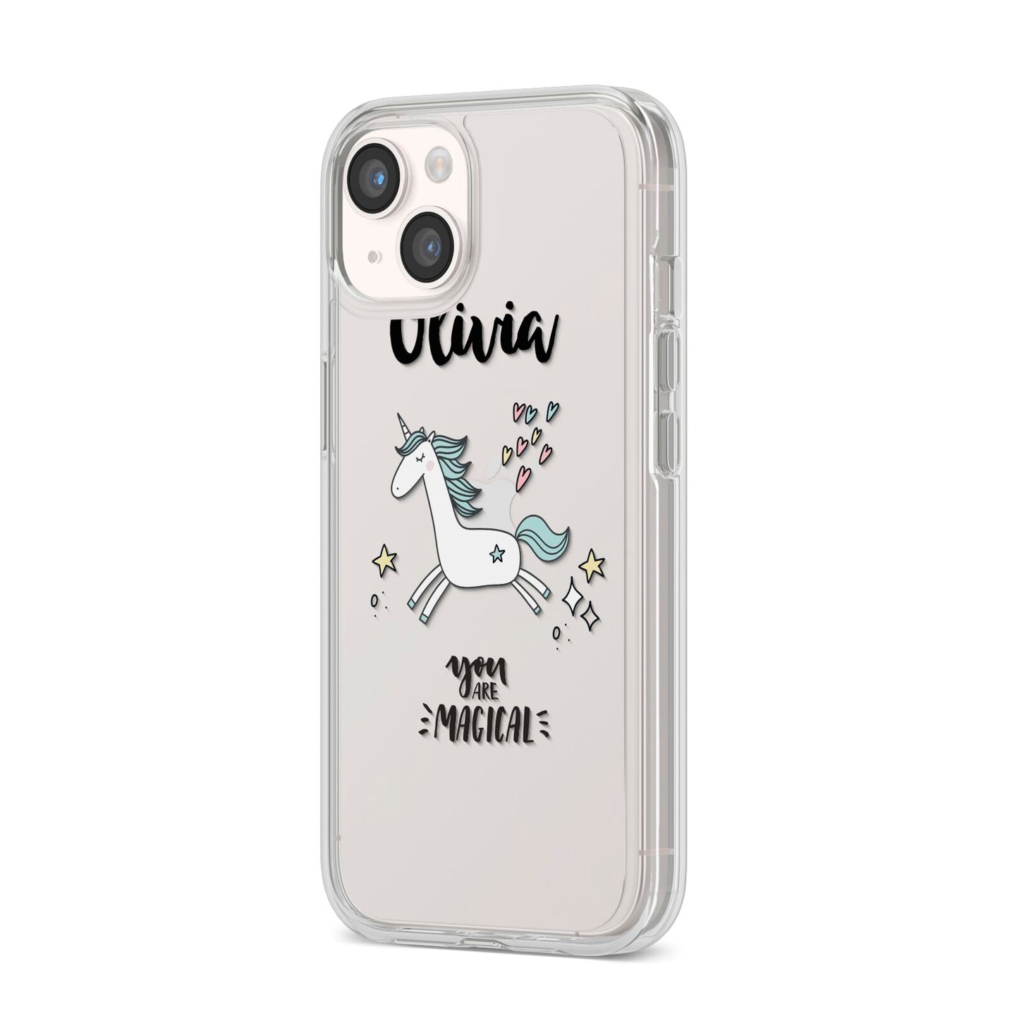 Personalised You Are Magical Unicorn iPhone 14 Clear Tough Case Starlight Angled Image