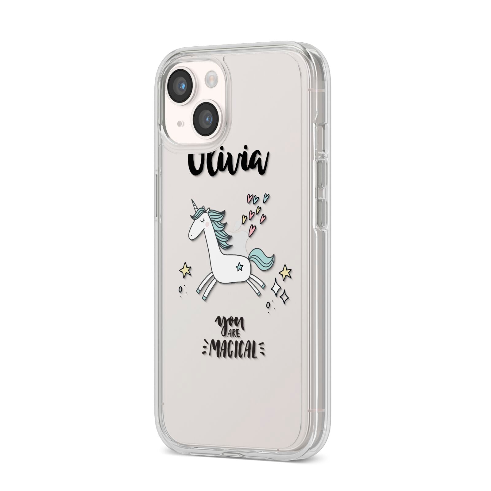 Personalised You Are Magical Unicorn iPhone 14 Clear Tough Case Starlight Angled Image
