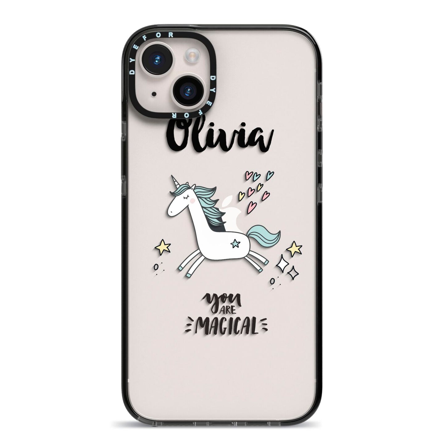 Personalised You Are Magical Unicorn iPhone 14 Plus Black Impact Case on Silver phone