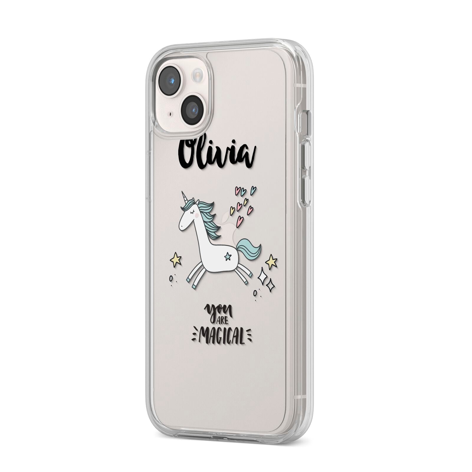 Personalised You Are Magical Unicorn iPhone 14 Plus Clear Tough Case Starlight Angled Image