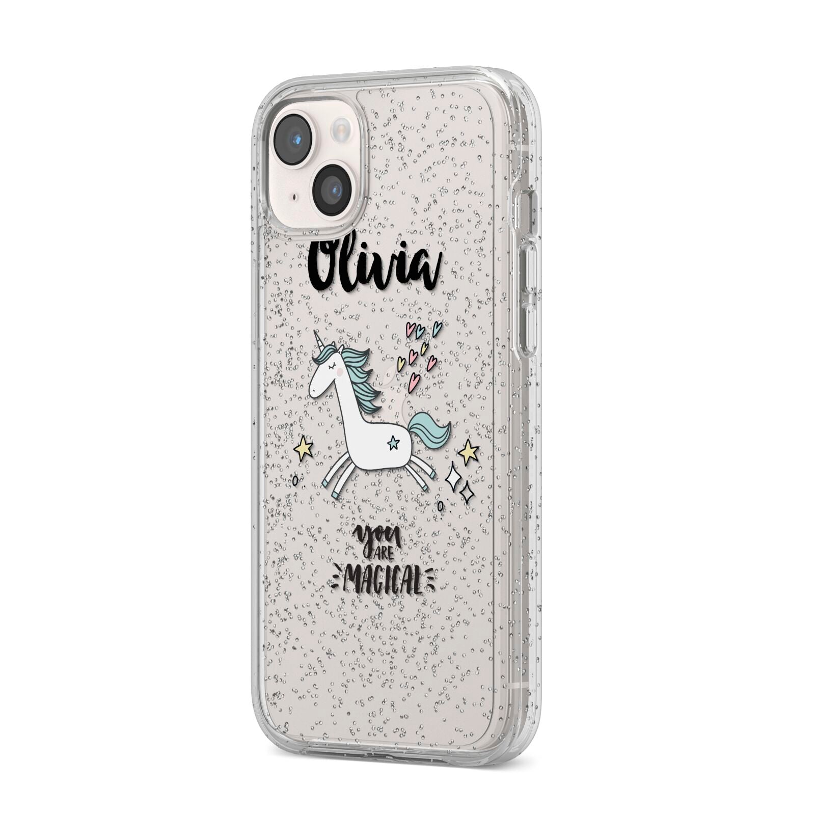 Personalised You Are Magical Unicorn iPhone 14 Plus Glitter Tough Case Starlight Angled Image