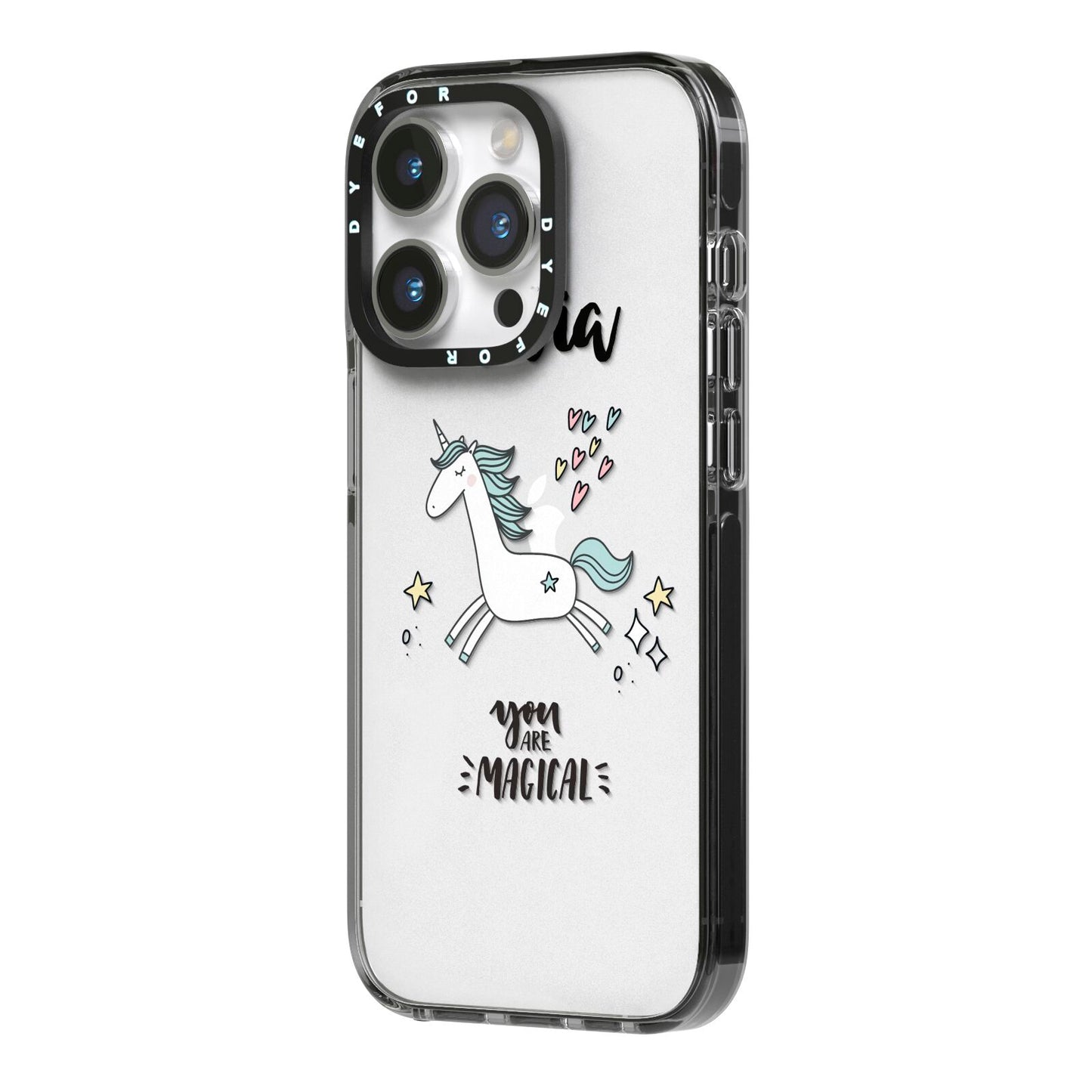 Personalised You Are Magical Unicorn iPhone 14 Pro Black Impact Case Side Angle on Silver phone