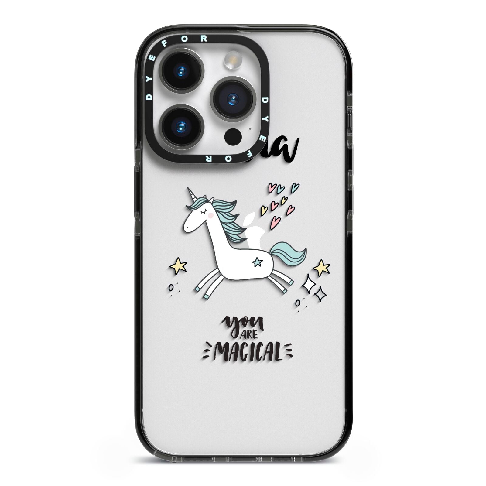 Personalised You Are Magical Unicorn iPhone 14 Pro Black Impact Case on Silver phone