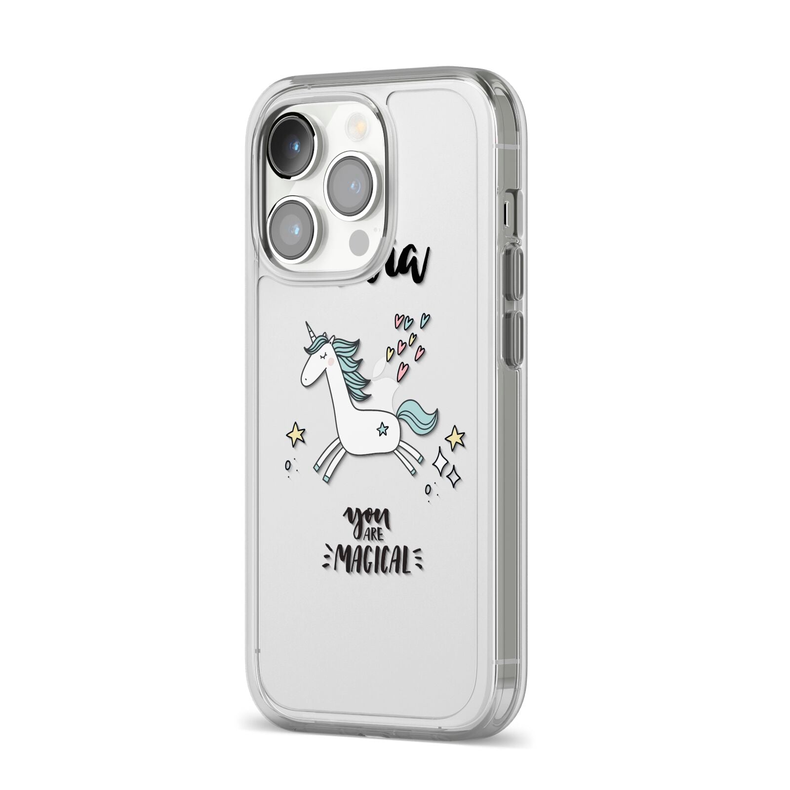 Personalised You Are Magical Unicorn iPhone 14 Pro Clear Tough Case Silver Angled Image