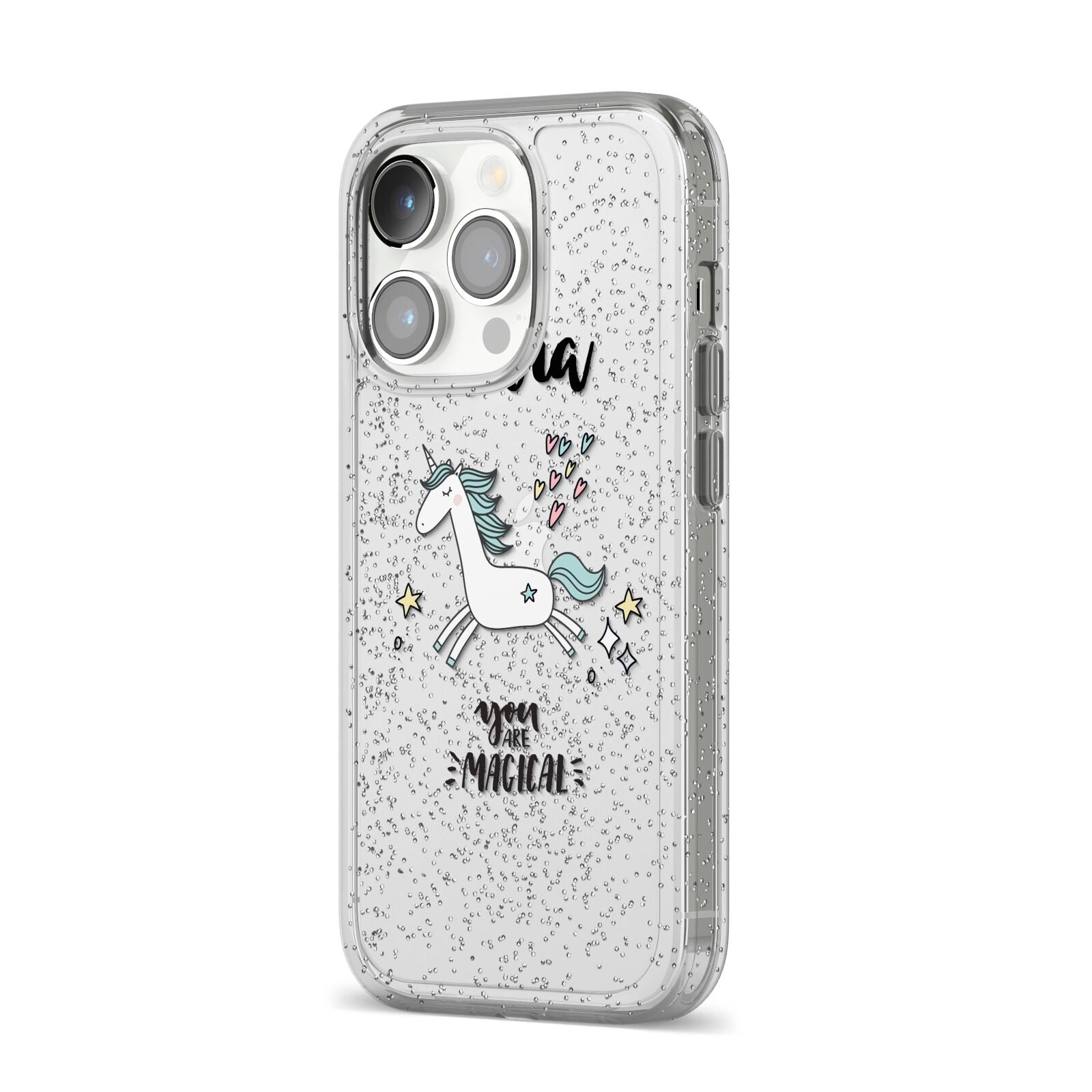 Personalised You Are Magical Unicorn iPhone 14 Pro Glitter Tough Case Silver Angled Image