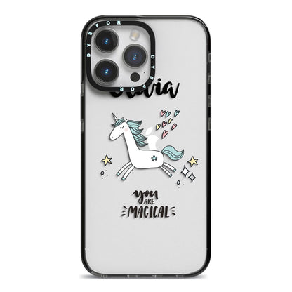 Personalised You Are Magical Unicorn iPhone 14 Pro Max Black Impact Case on Silver phone