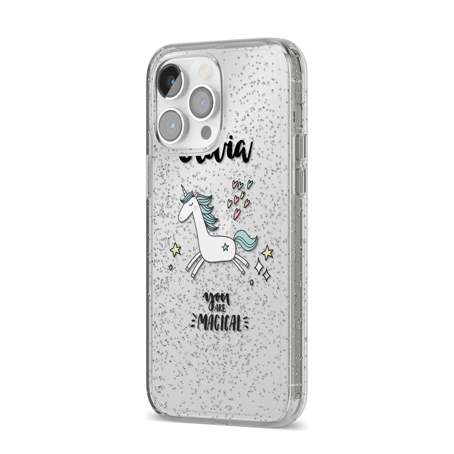 Personalised You Are Magical Unicorn iPhone 14 Pro Max Glitter Tough Case Silver Angled Image