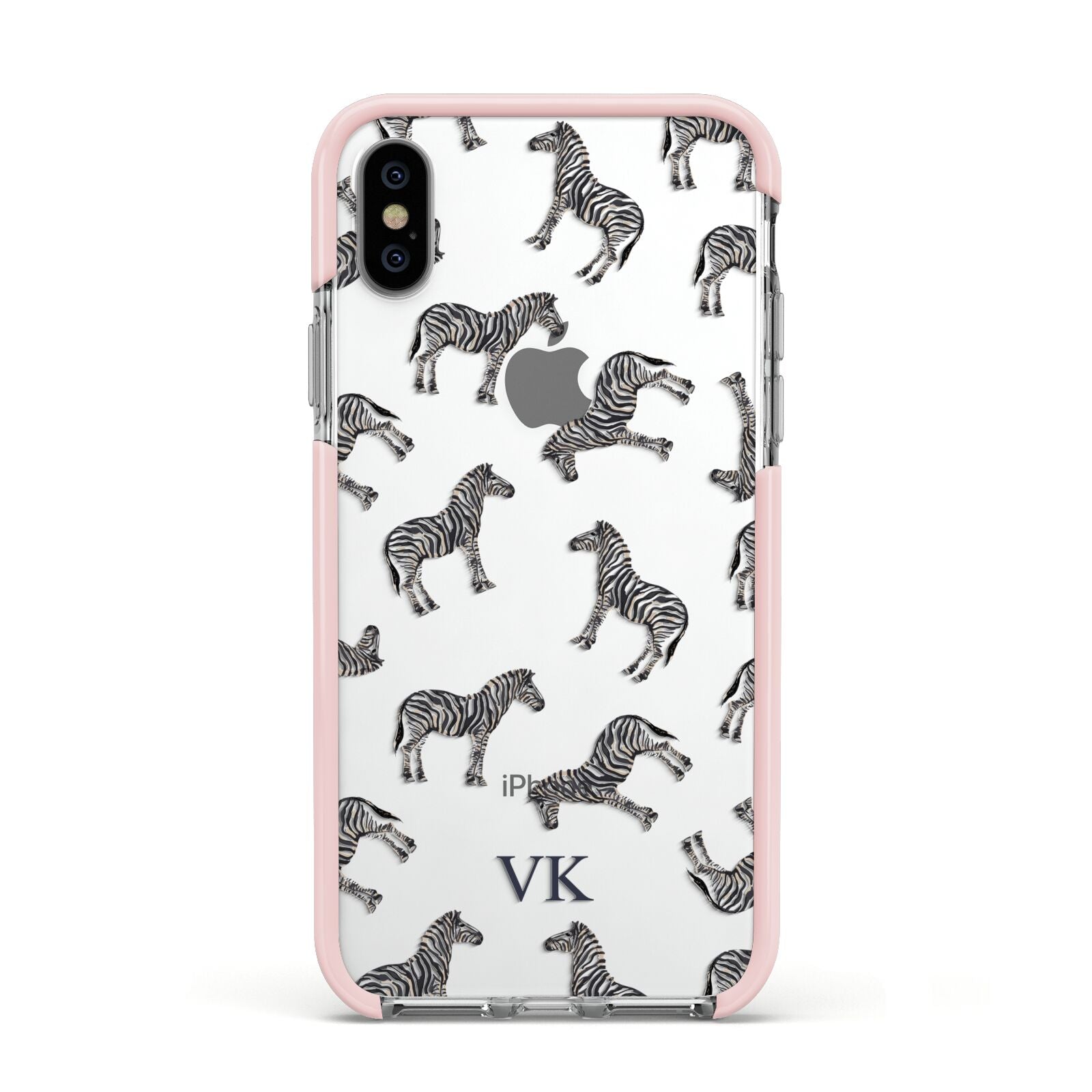 Personalised Zebra Apple iPhone Xs Impact Case Pink Edge on Silver Phone