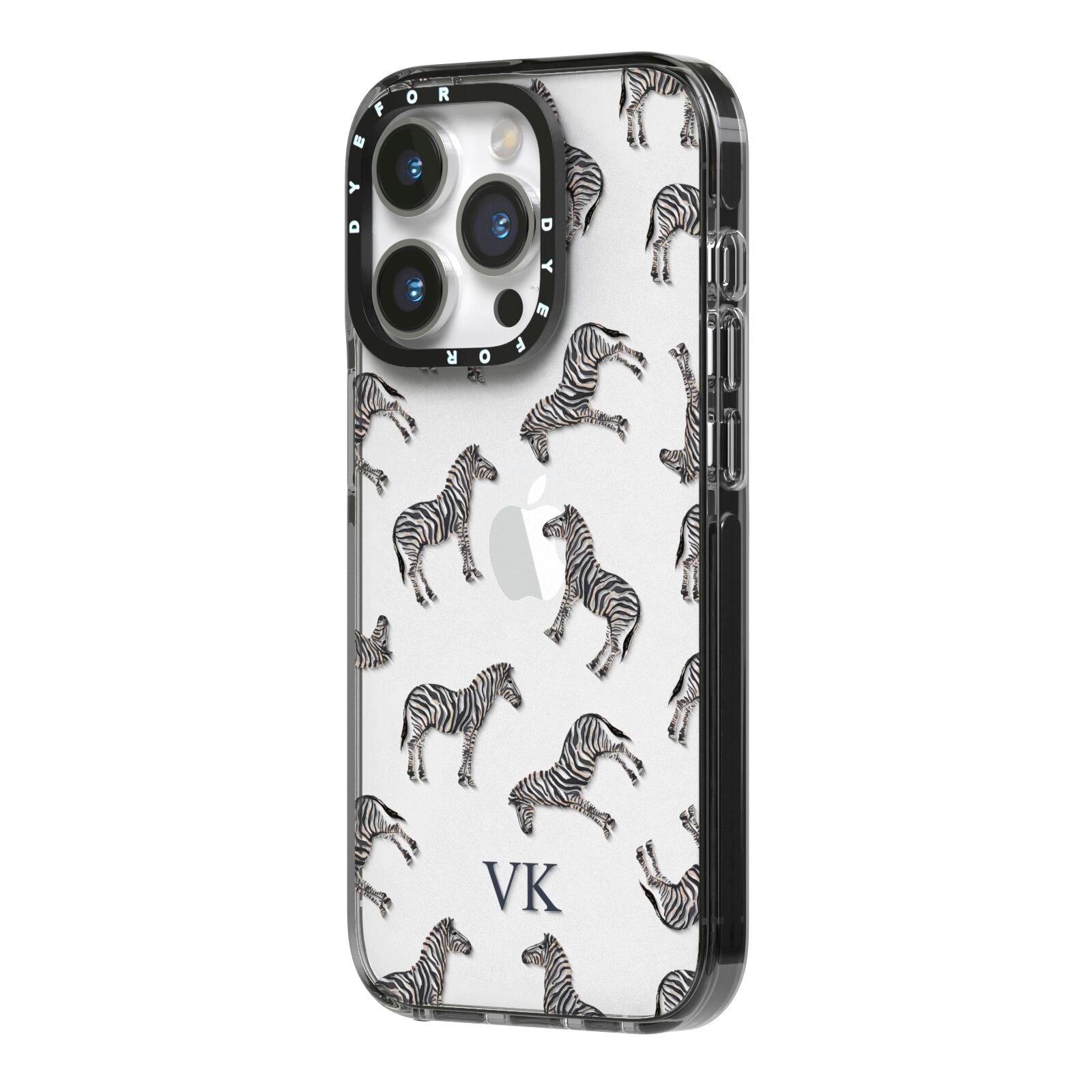 Personalised Zebra iPhone 14 Pro Black Impact Case Side Angle on Silver phone