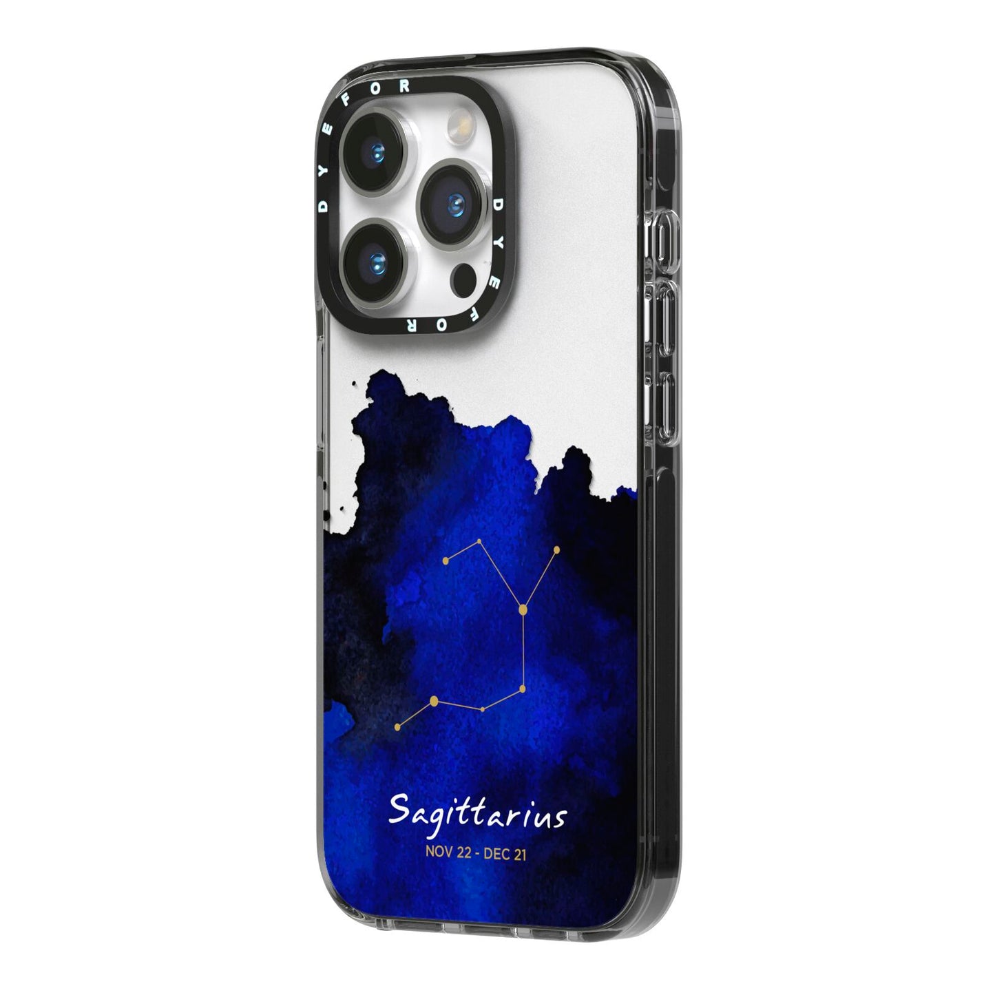 Personalised Zodiac Constellation Star Sign iPhone 14 Pro Black Impact Case Side Angle on Silver phone