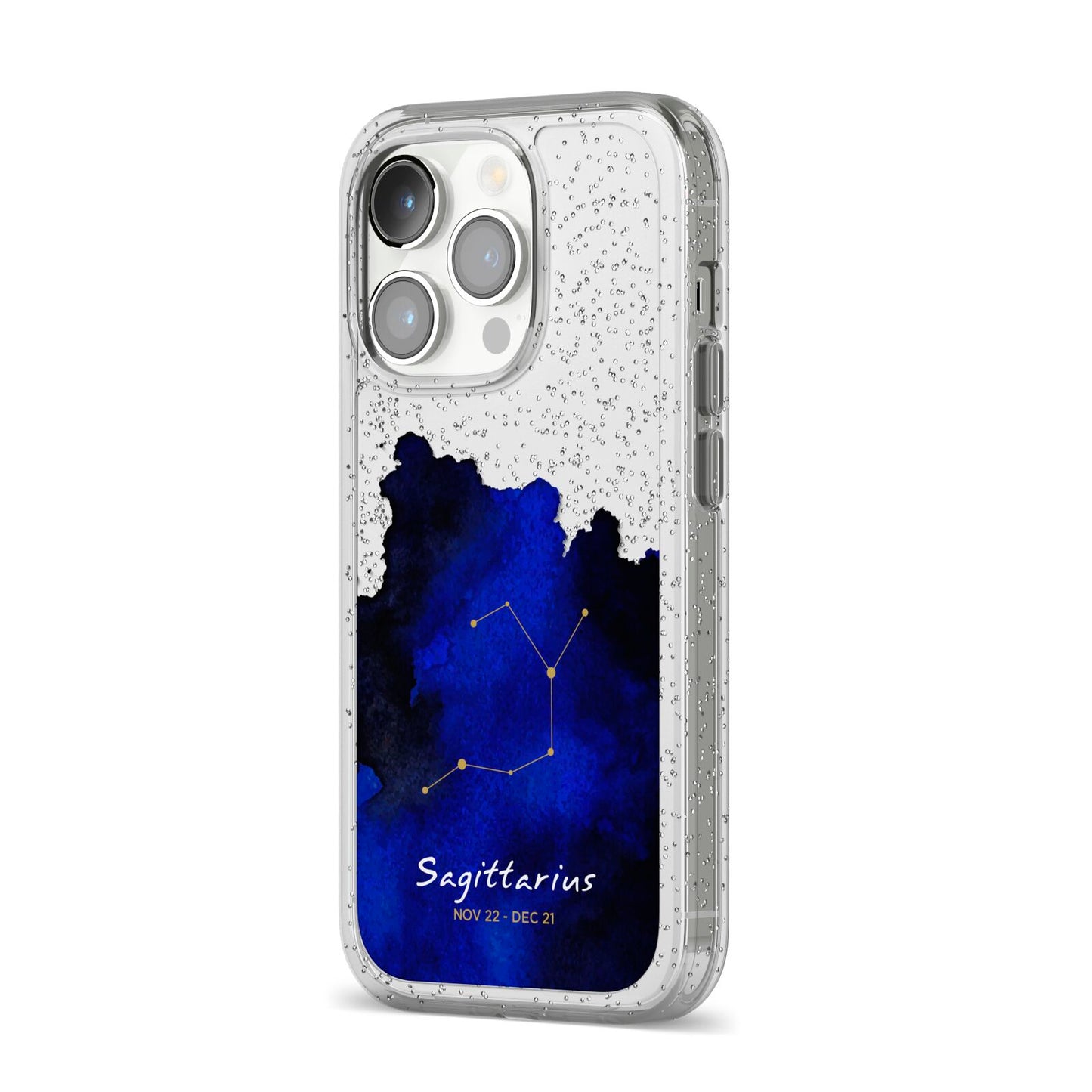 Personalised Zodiac Constellation Star Sign iPhone 14 Pro Glitter Tough Case Silver Angled Image
