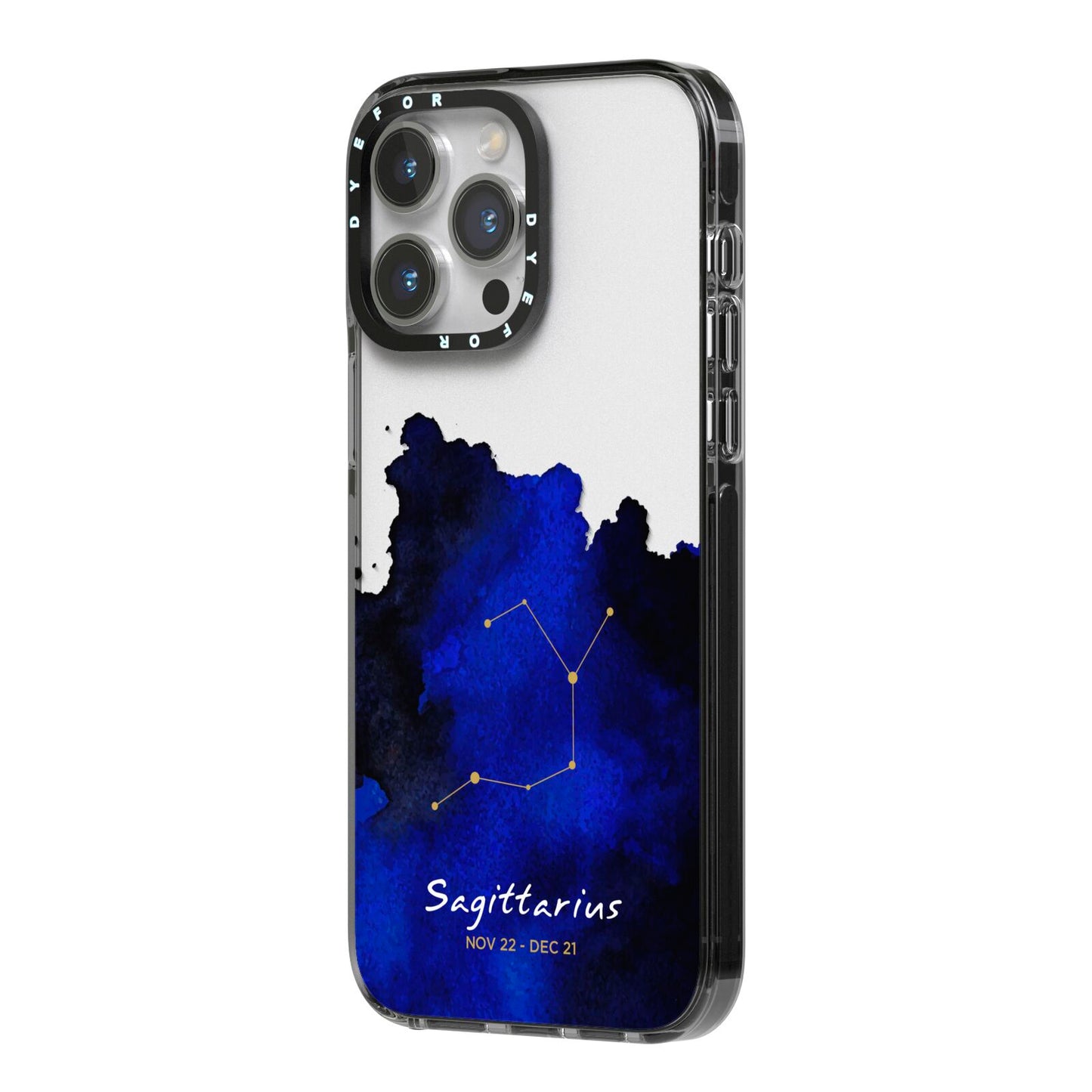 Personalised Zodiac Constellation Star Sign iPhone 14 Pro Max Black Impact Case Side Angle on Silver phone