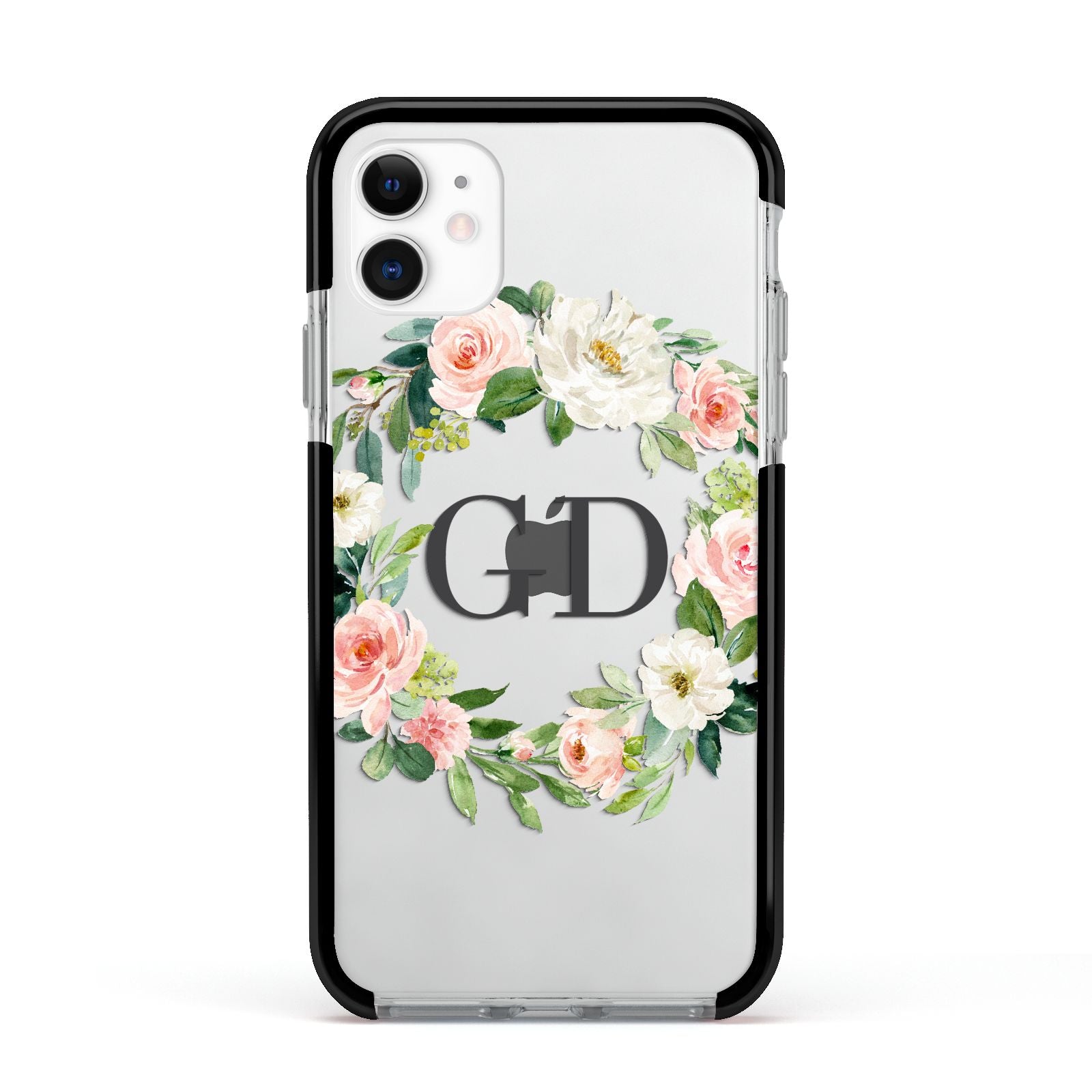 Personalised floral wreath Apple iPhone 11 in White with Black Impact Case