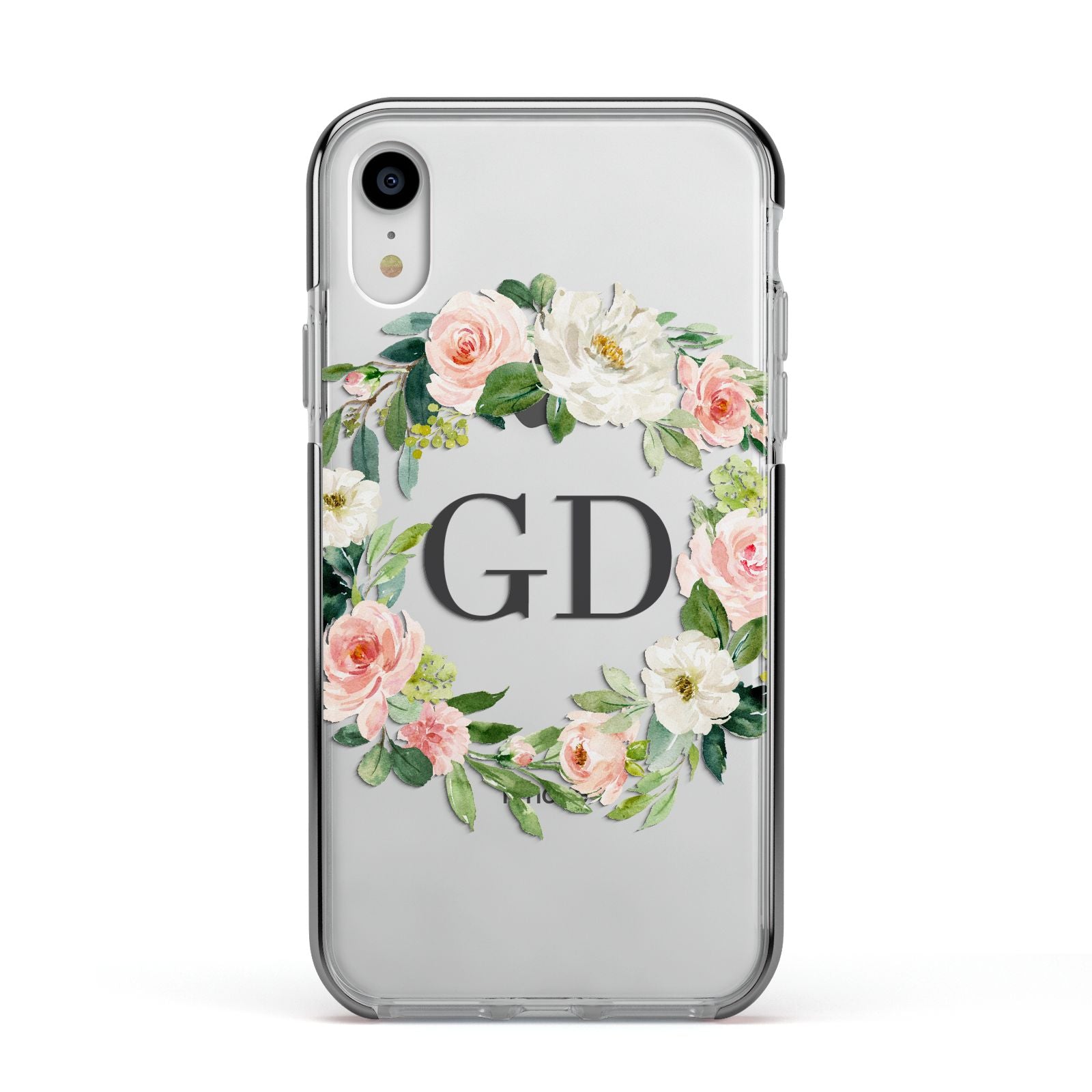 Personalised floral wreath Apple iPhone XR Impact Case Black Edge on Silver Phone