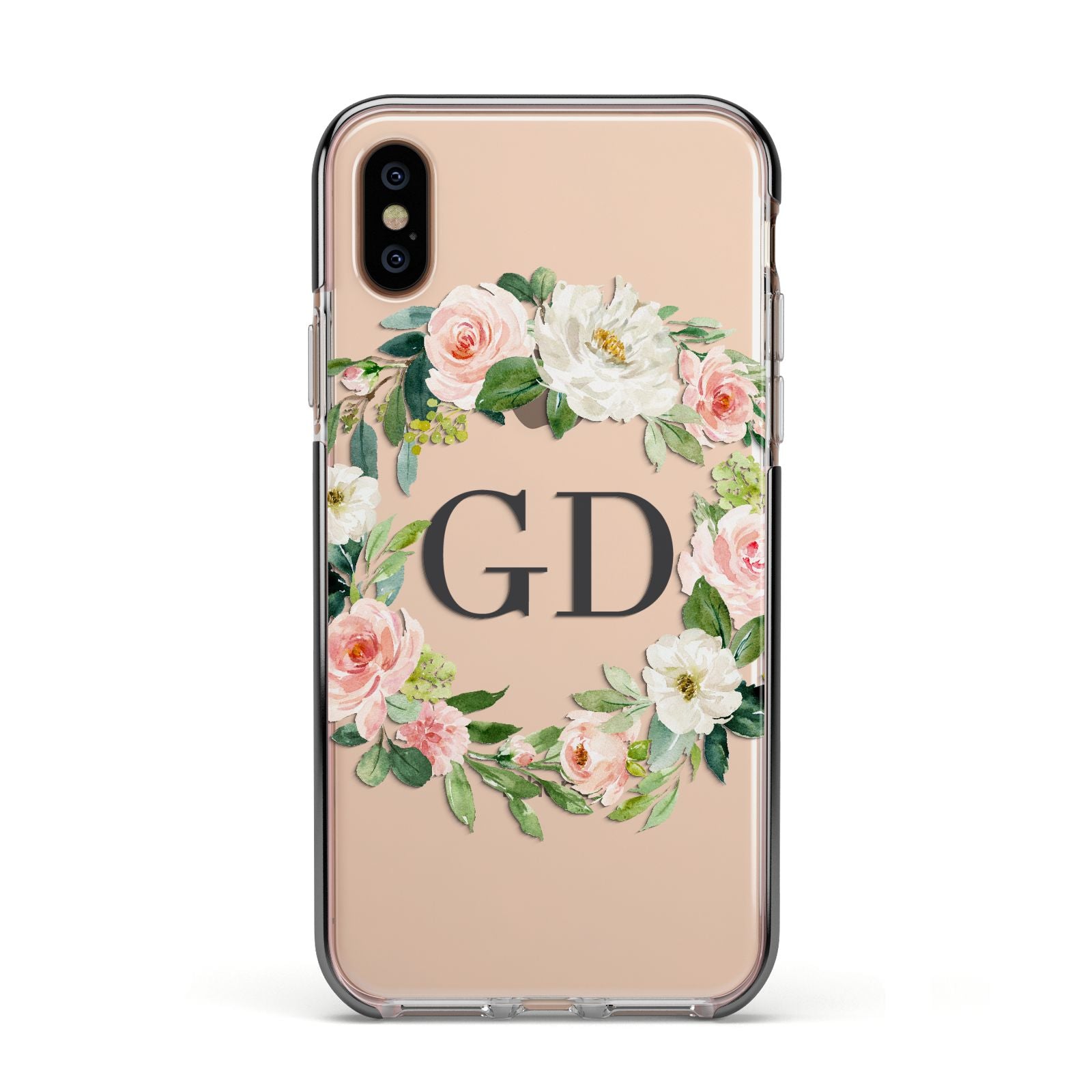 Personalised floral wreath Apple iPhone Xs Impact Case Black Edge on Gold Phone