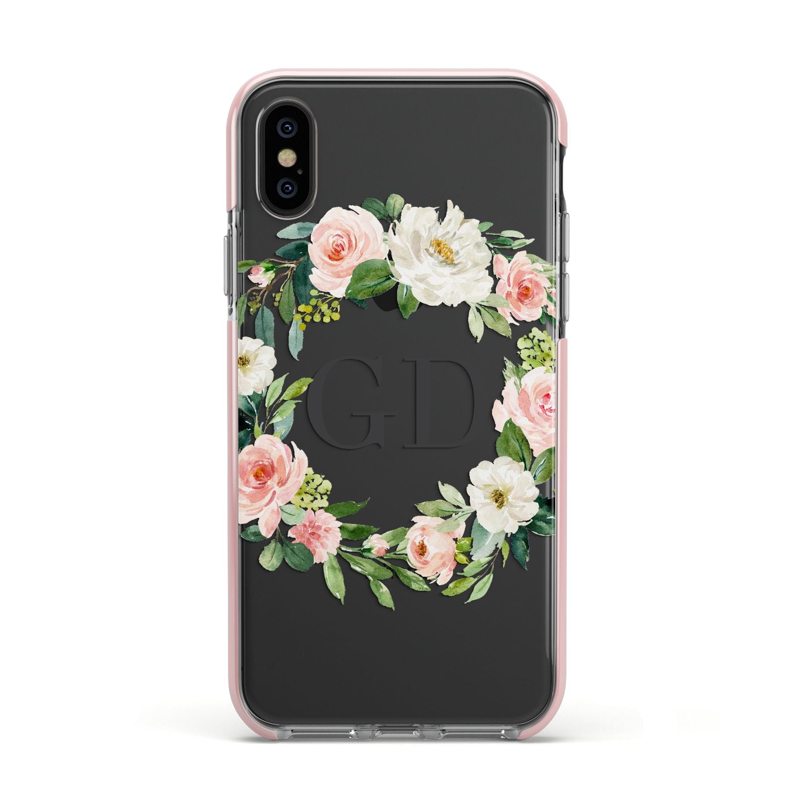 Personalised floral wreath Apple iPhone Xs Impact Case Pink Edge on Black Phone
