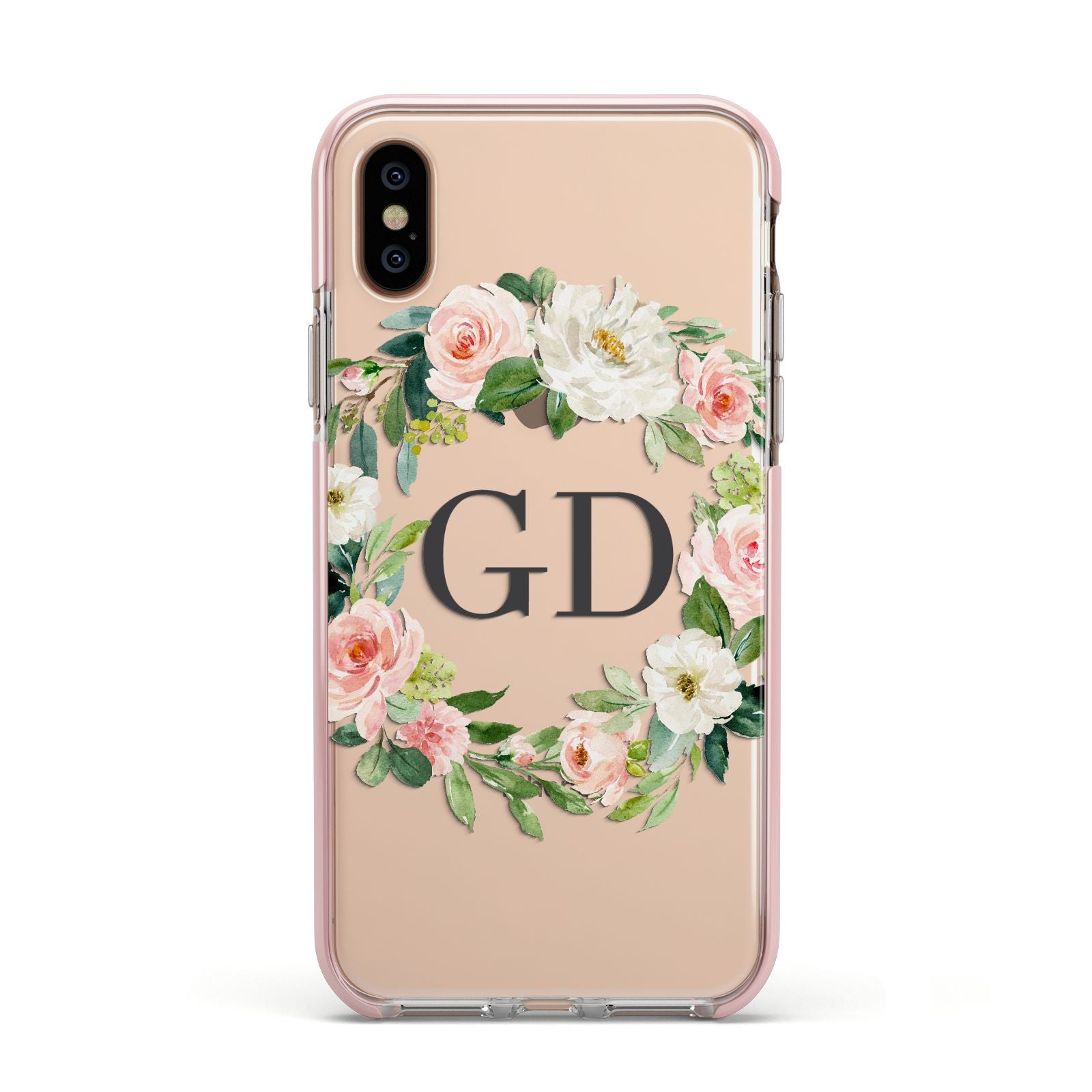 Personalised floral wreath Apple iPhone Xs Impact Case Pink Edge on Gold Phone