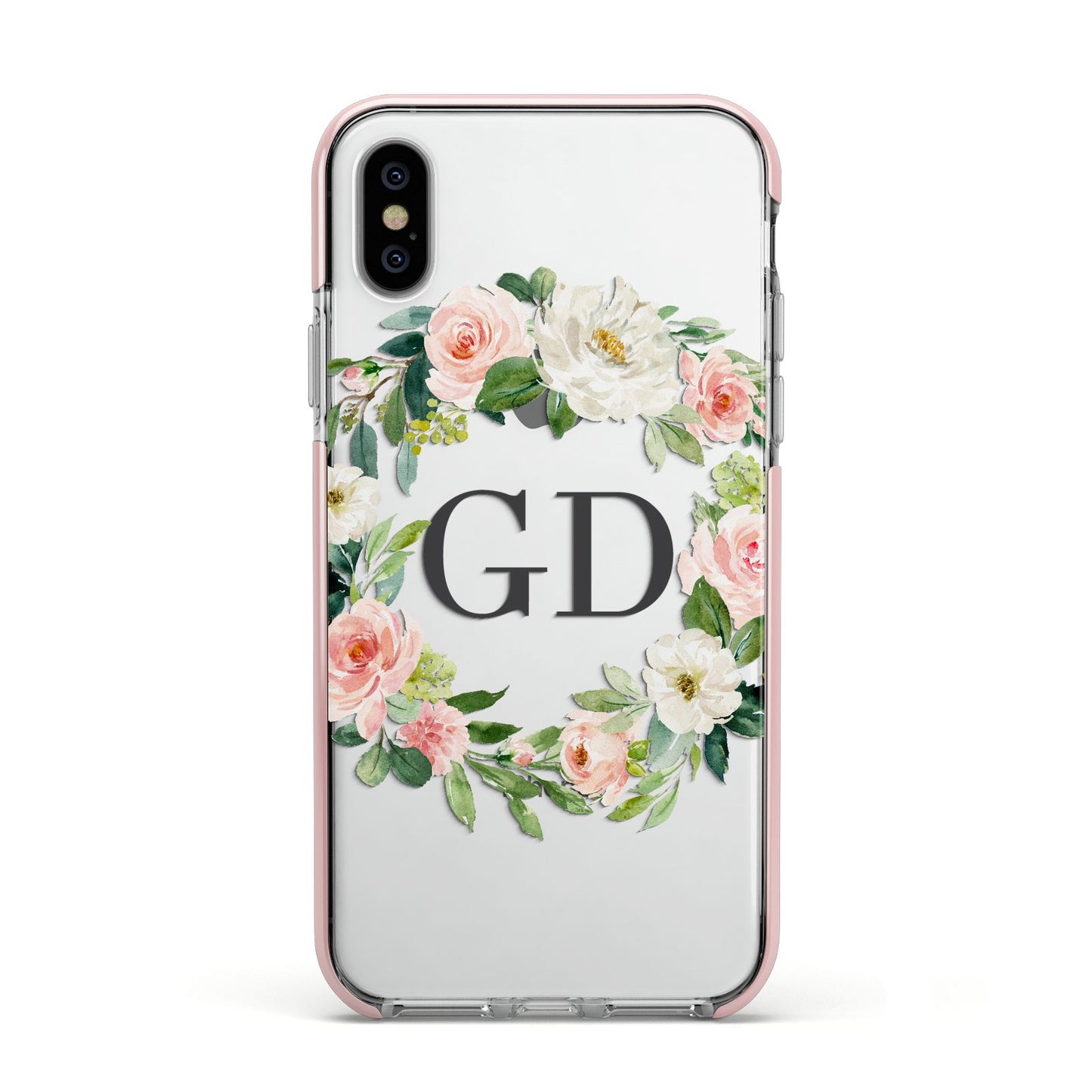 Personalised floral wreath Apple iPhone Xs Impact Case Pink Edge on Silver Phone