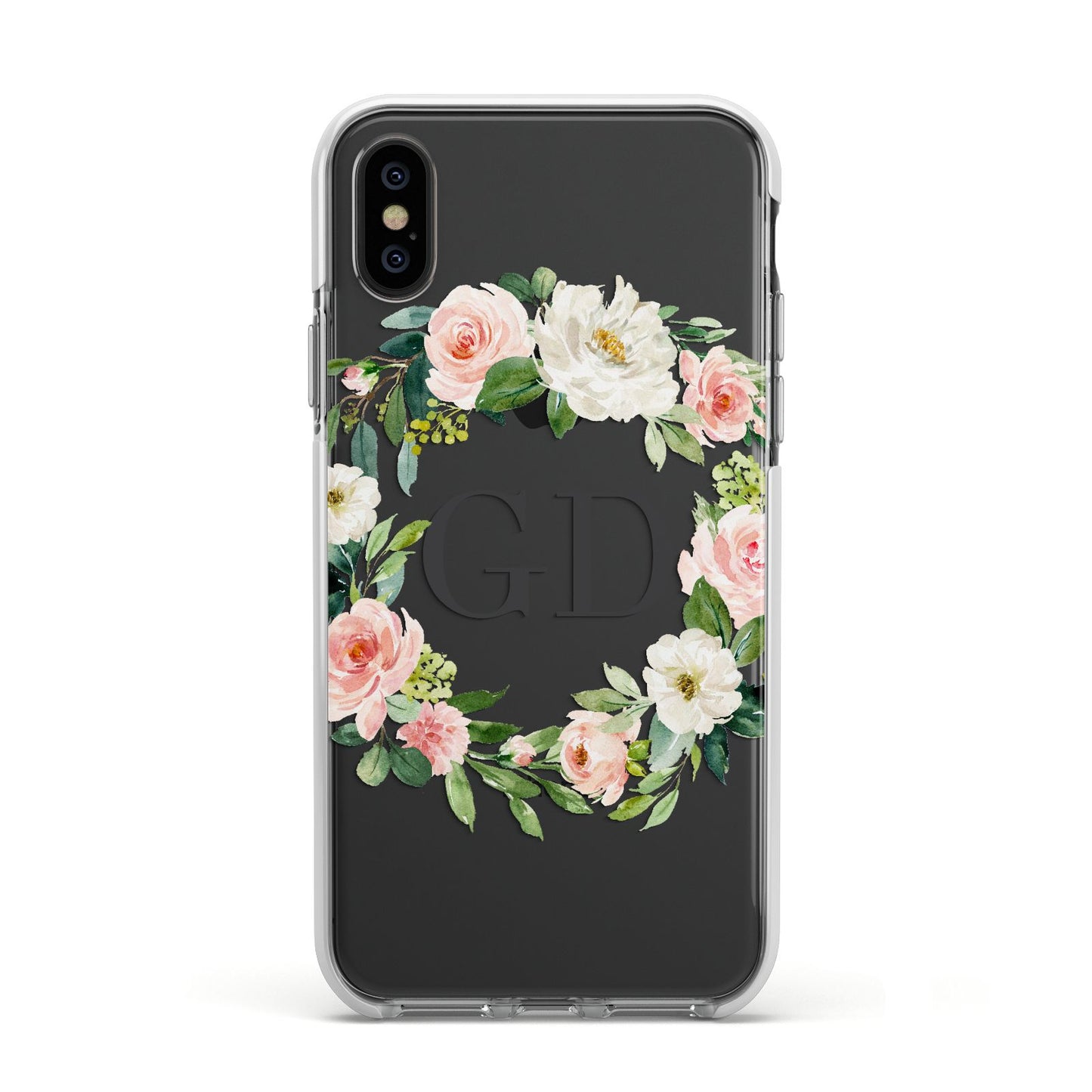 Personalised floral wreath Apple iPhone Xs Impact Case White Edge on Black Phone