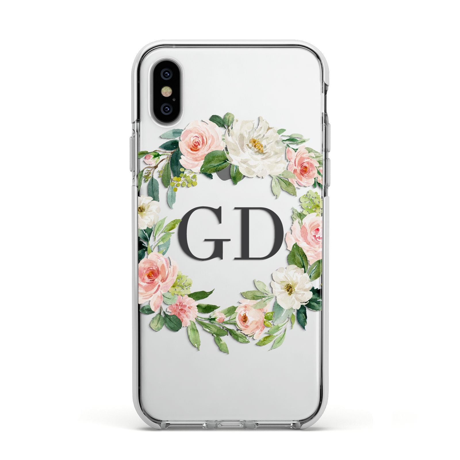 Personalised floral wreath Apple iPhone Xs Impact Case White Edge on Silver Phone