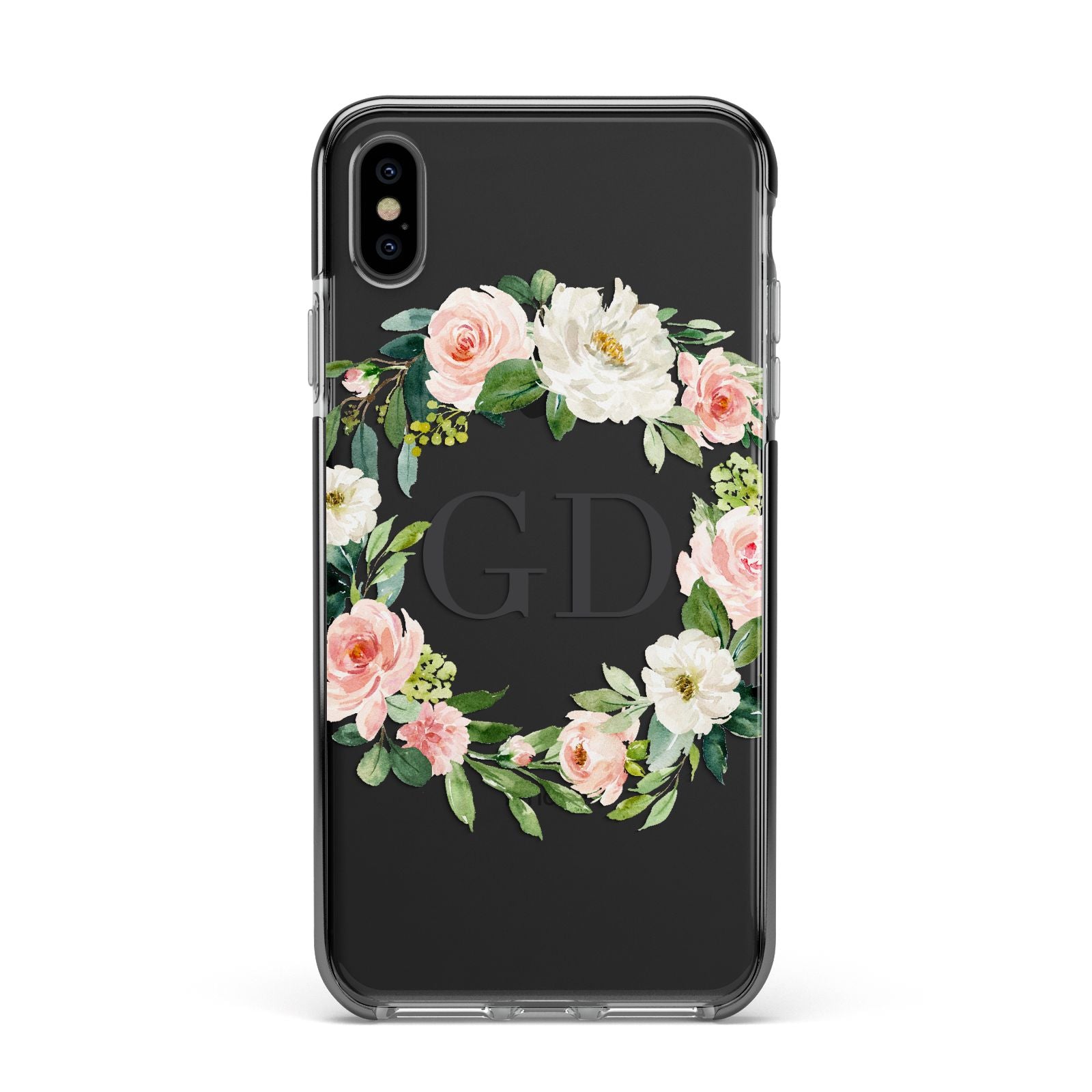 Personalised floral wreath Apple iPhone Xs Max Impact Case Black Edge on Black Phone