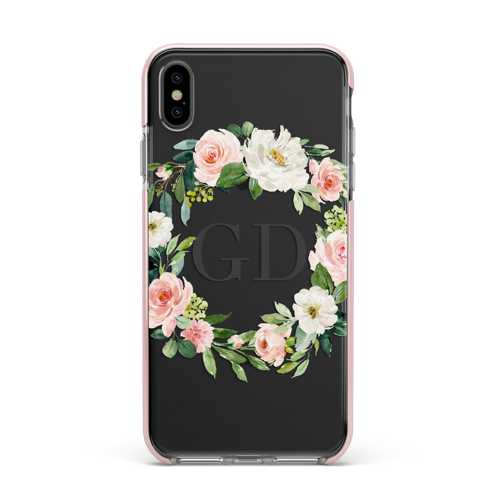 Personalised floral wreath Apple iPhone Xs Max Impact Case Pink Edge on Black Phone