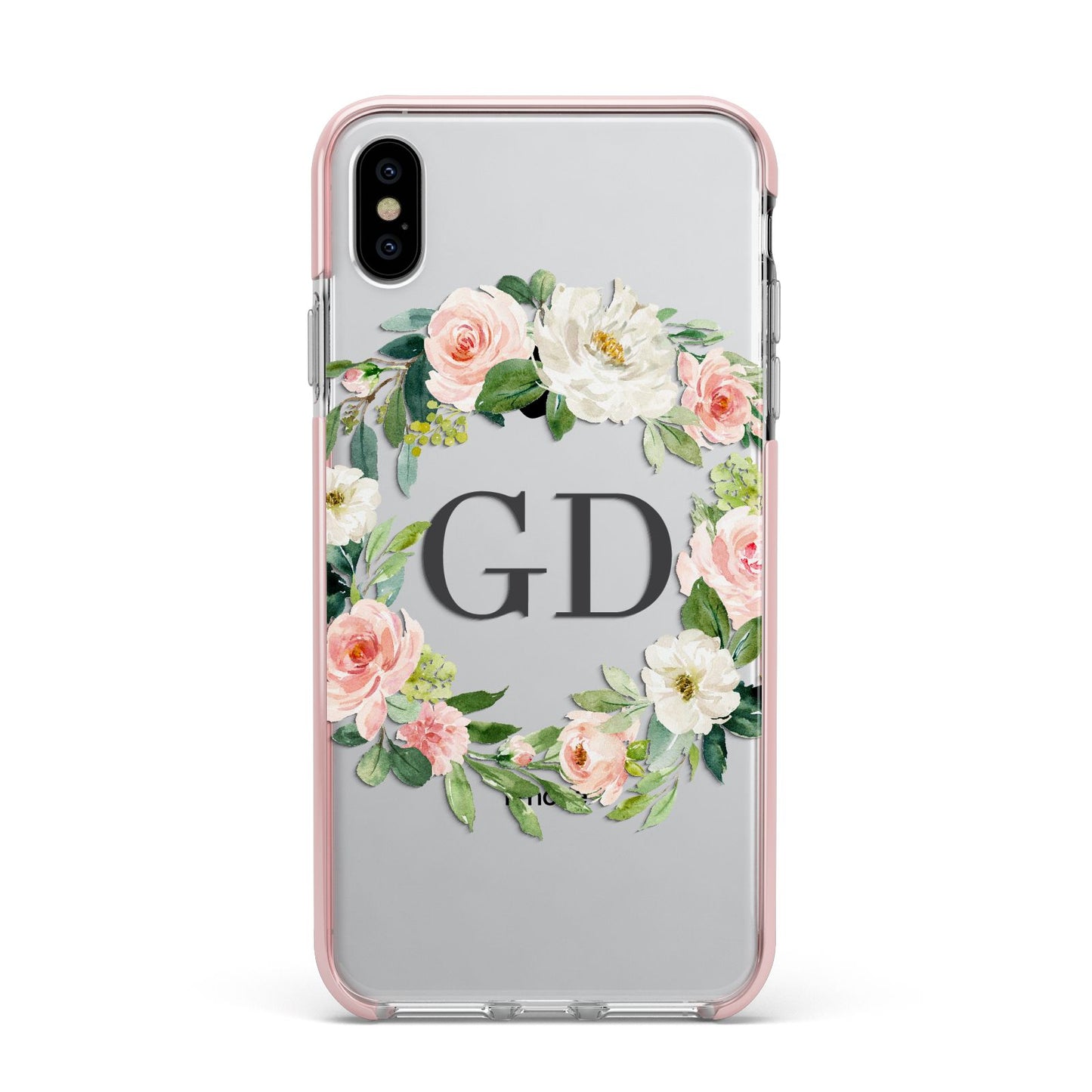 Personalised floral wreath Apple iPhone Xs Max Impact Case Pink Edge on Silver Phone