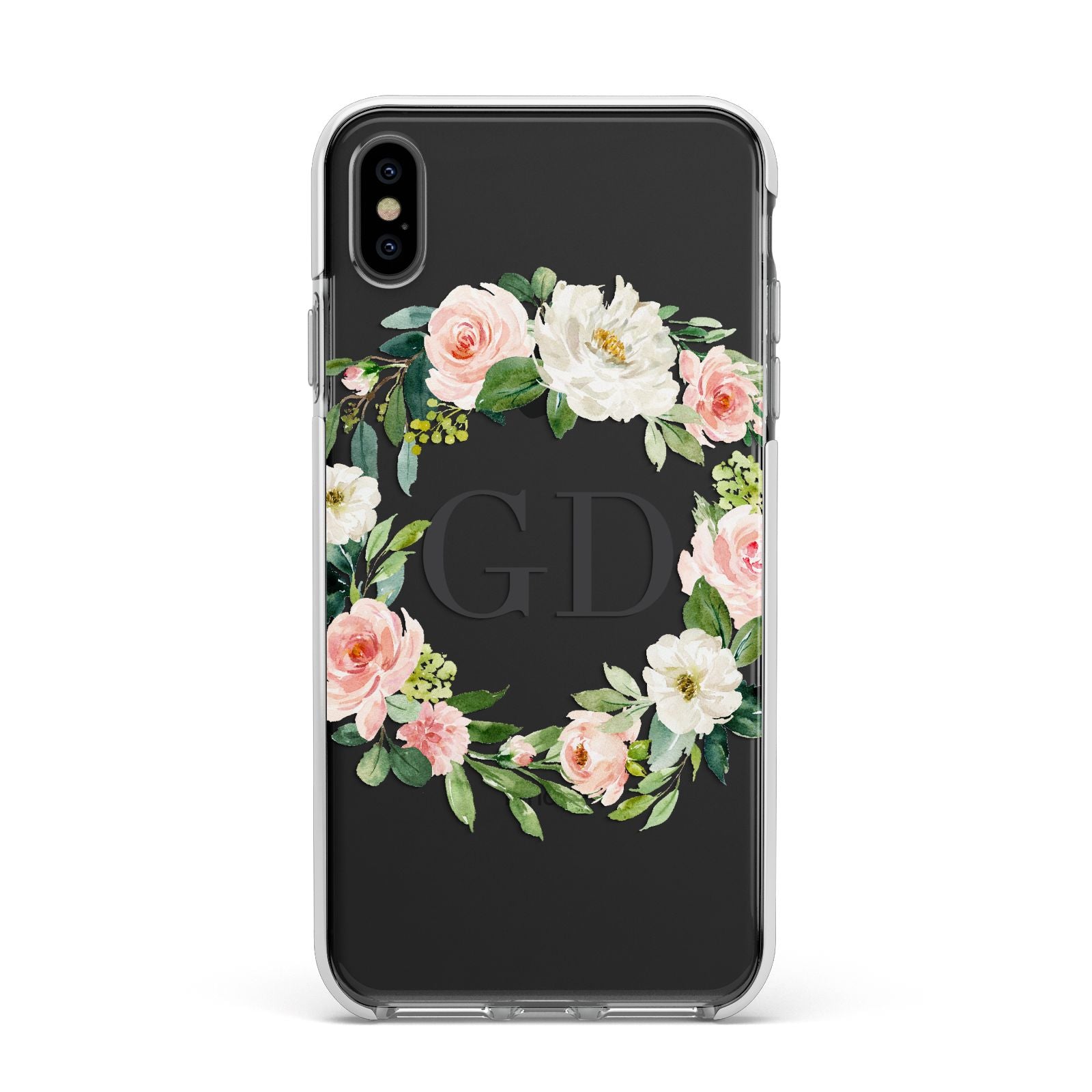 Personalised floral wreath Apple iPhone Xs Max Impact Case White Edge on Black Phone