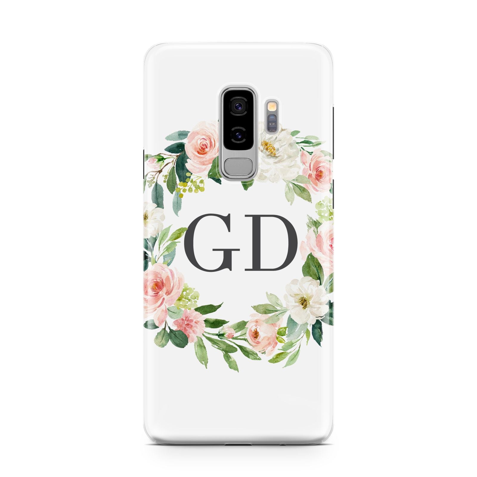 Personalised floral wreath Samsung Galaxy S9 Plus Case on Silver phone