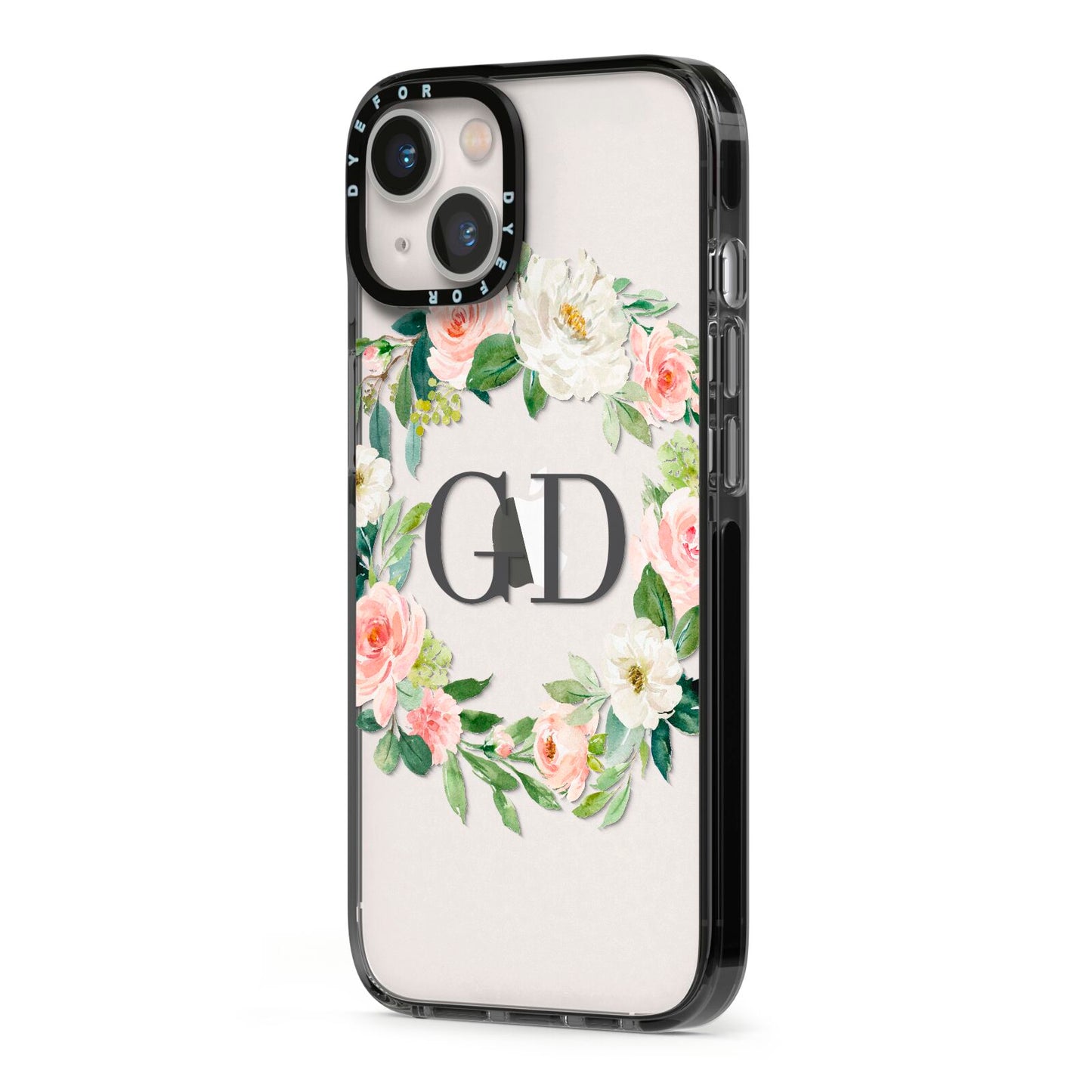 Personalised floral wreath iPhone 13 Black Impact Case Side Angle on Silver phone
