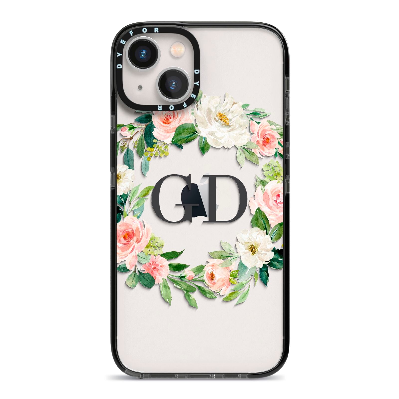 Personalised floral wreath iPhone 13 Black Impact Case on Silver phone