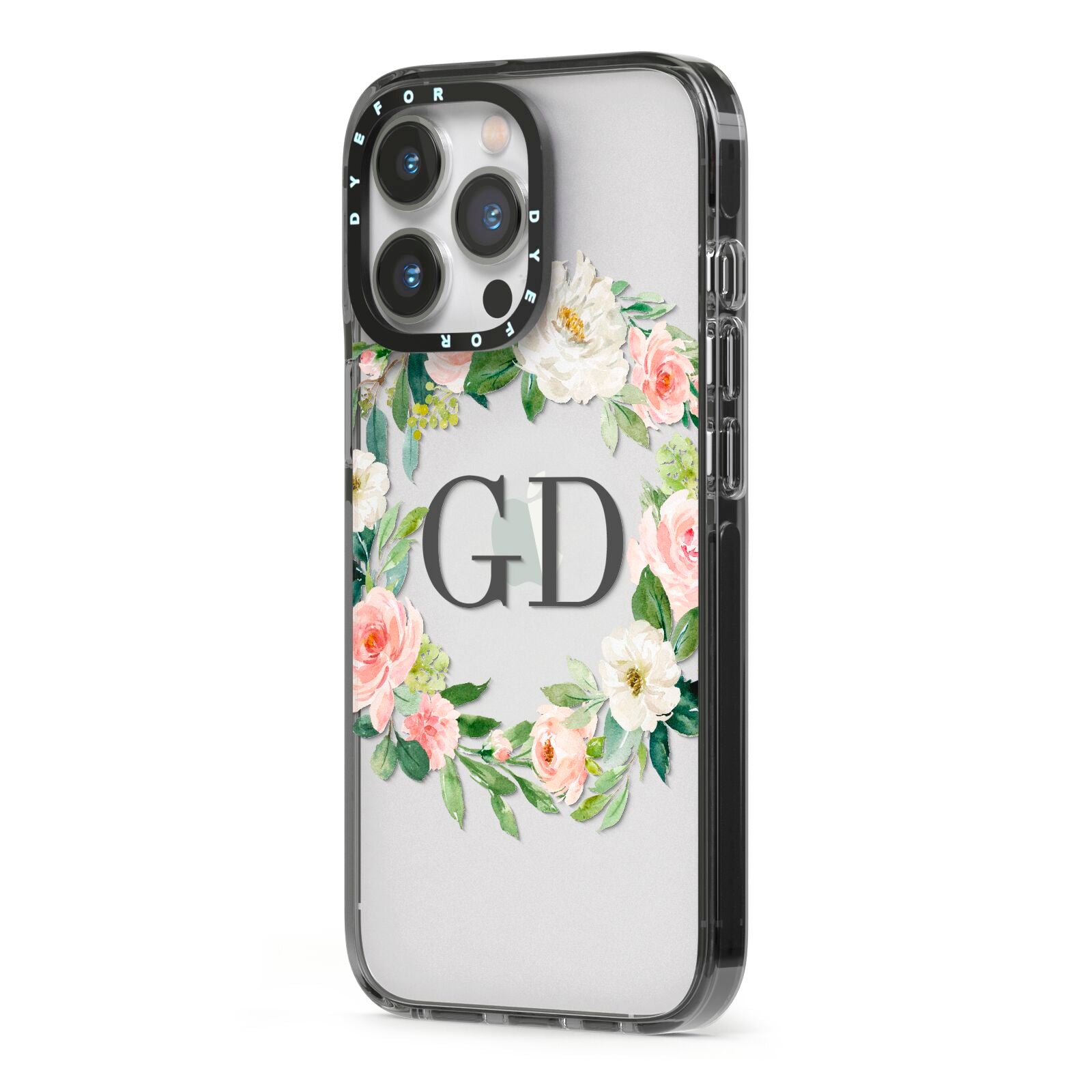 Personalised floral wreath iPhone 13 Pro Black Impact Case Side Angle on Silver phone