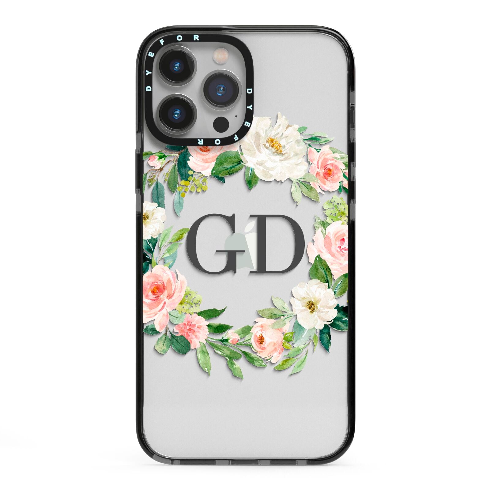 Personalised floral wreath iPhone 13 Pro Max Black Impact Case on Silver phone