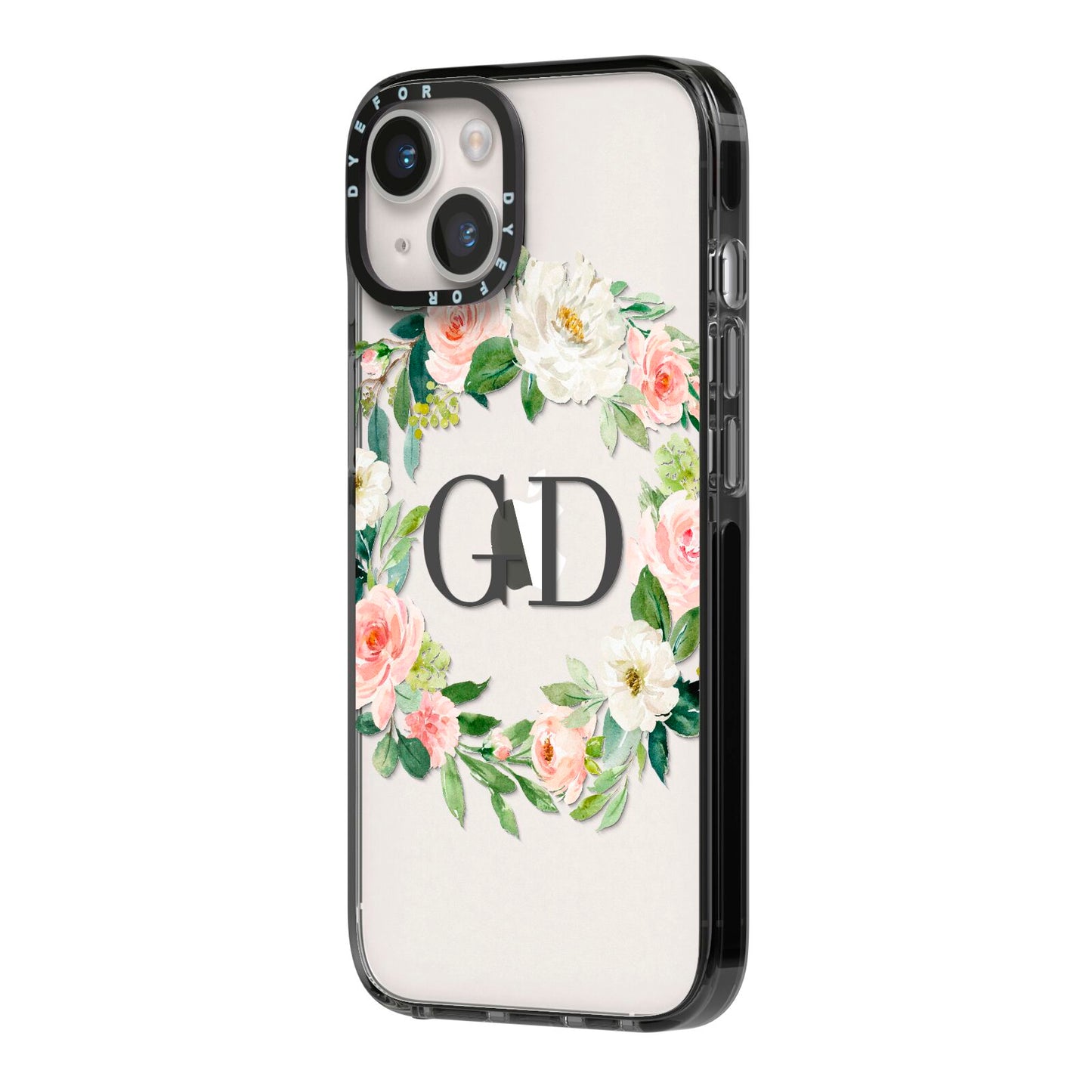 Personalised floral wreath iPhone 14 Black Impact Case Side Angle on Silver phone