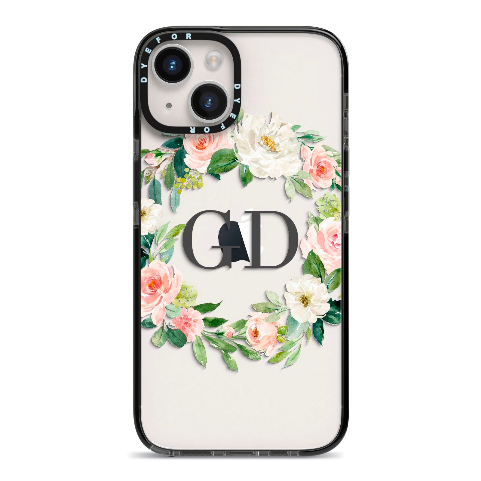 Personalised floral wreath iPhone 14 Black Impact Case on Silver phone