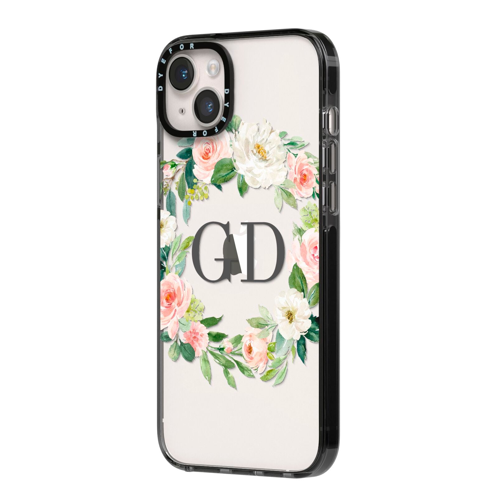Personalised floral wreath iPhone 14 Plus Black Impact Case Side Angle on Silver phone