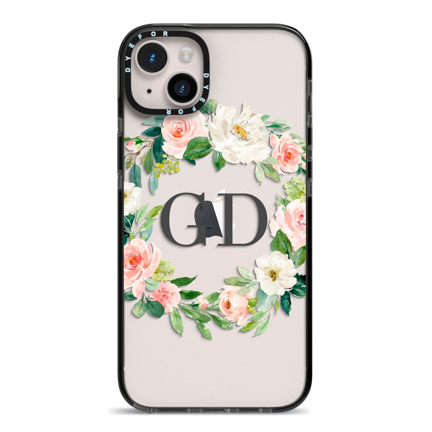 Personalised floral wreath iPhone 14 Plus Black Impact Case on Silver phone