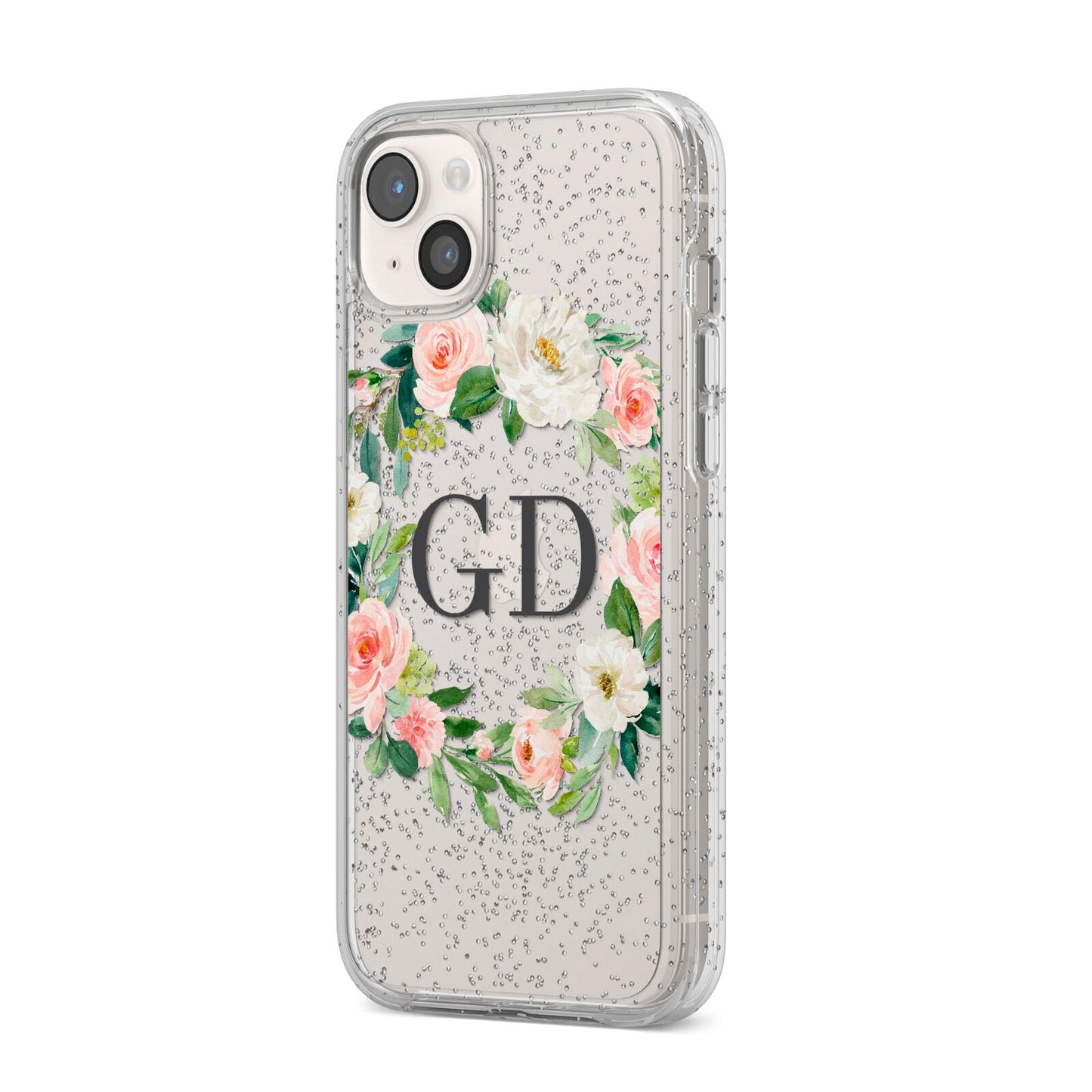 Personalised floral wreath iPhone 14 Plus Glitter Tough Case Starlight Angled Image