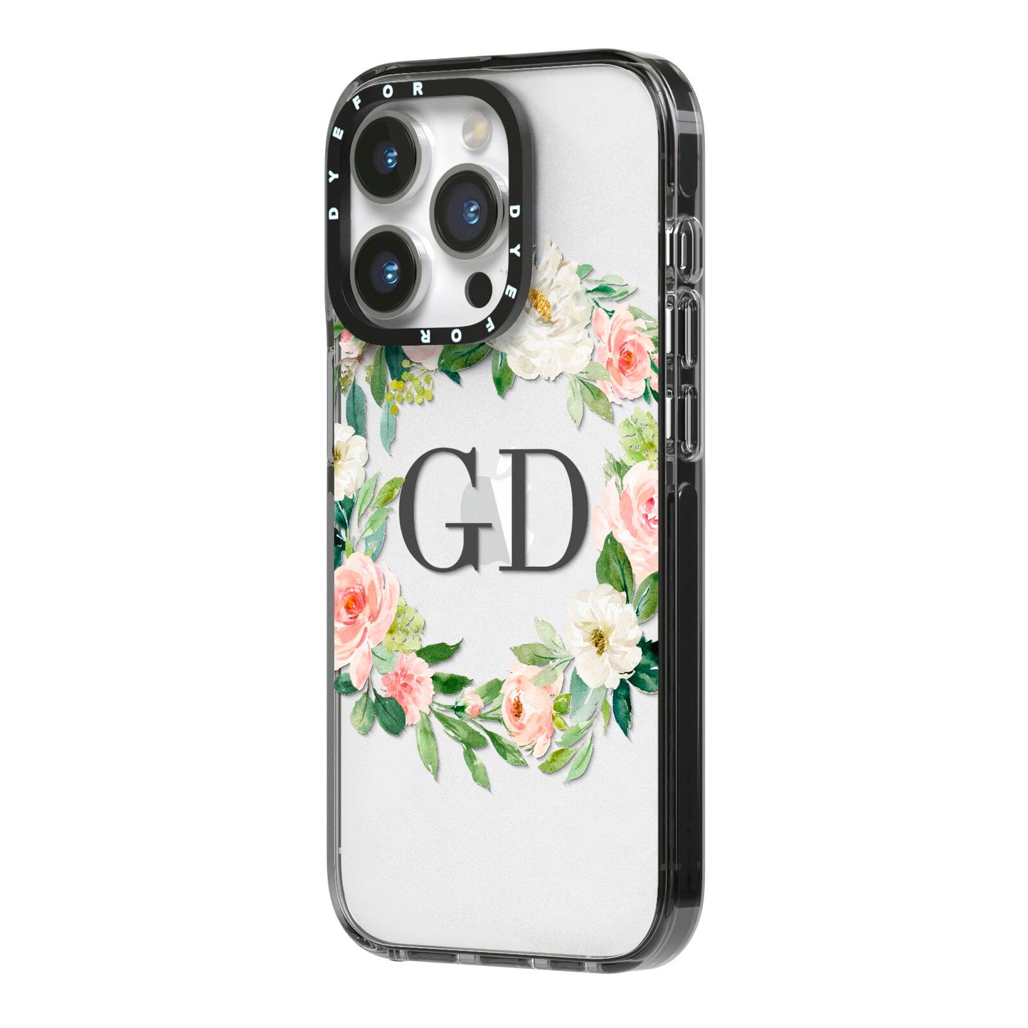 Personalised floral wreath iPhone 14 Pro Black Impact Case Side Angle on Silver phone