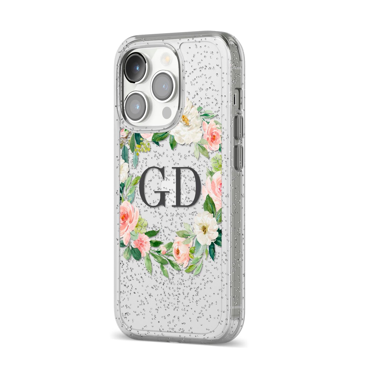 Personalised floral wreath iPhone 14 Pro Glitter Tough Case Silver Angled Image