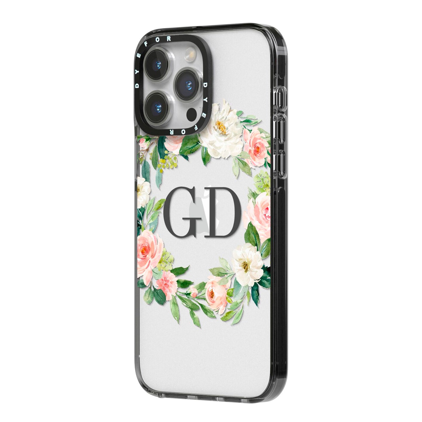 Personalised floral wreath iPhone 14 Pro Max Black Impact Case Side Angle on Silver phone