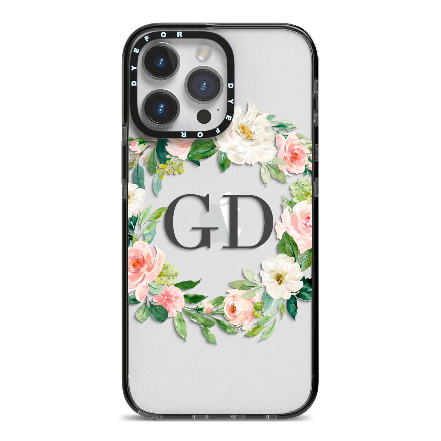 Personalised floral wreath iPhone 14 Pro Max Black Impact Case on Silver phone