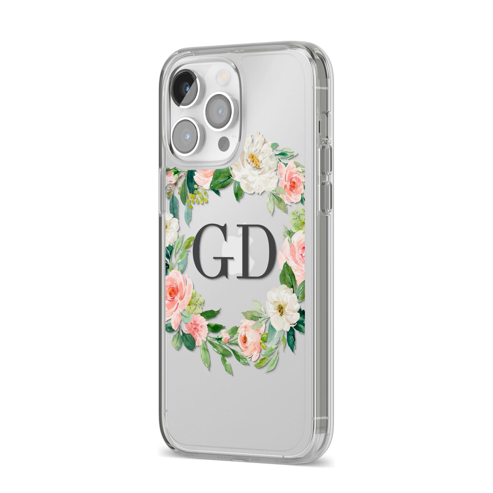 Personalised floral wreath iPhone 14 Pro Max Clear Tough Case Silver Angled Image