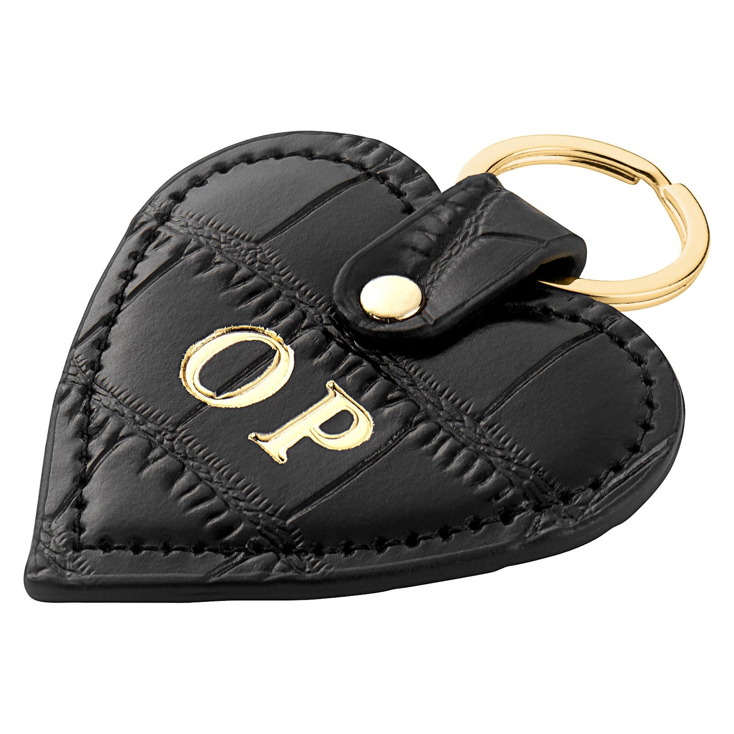 Personalised Black Croc Leather Heart Key Ring Side Angle