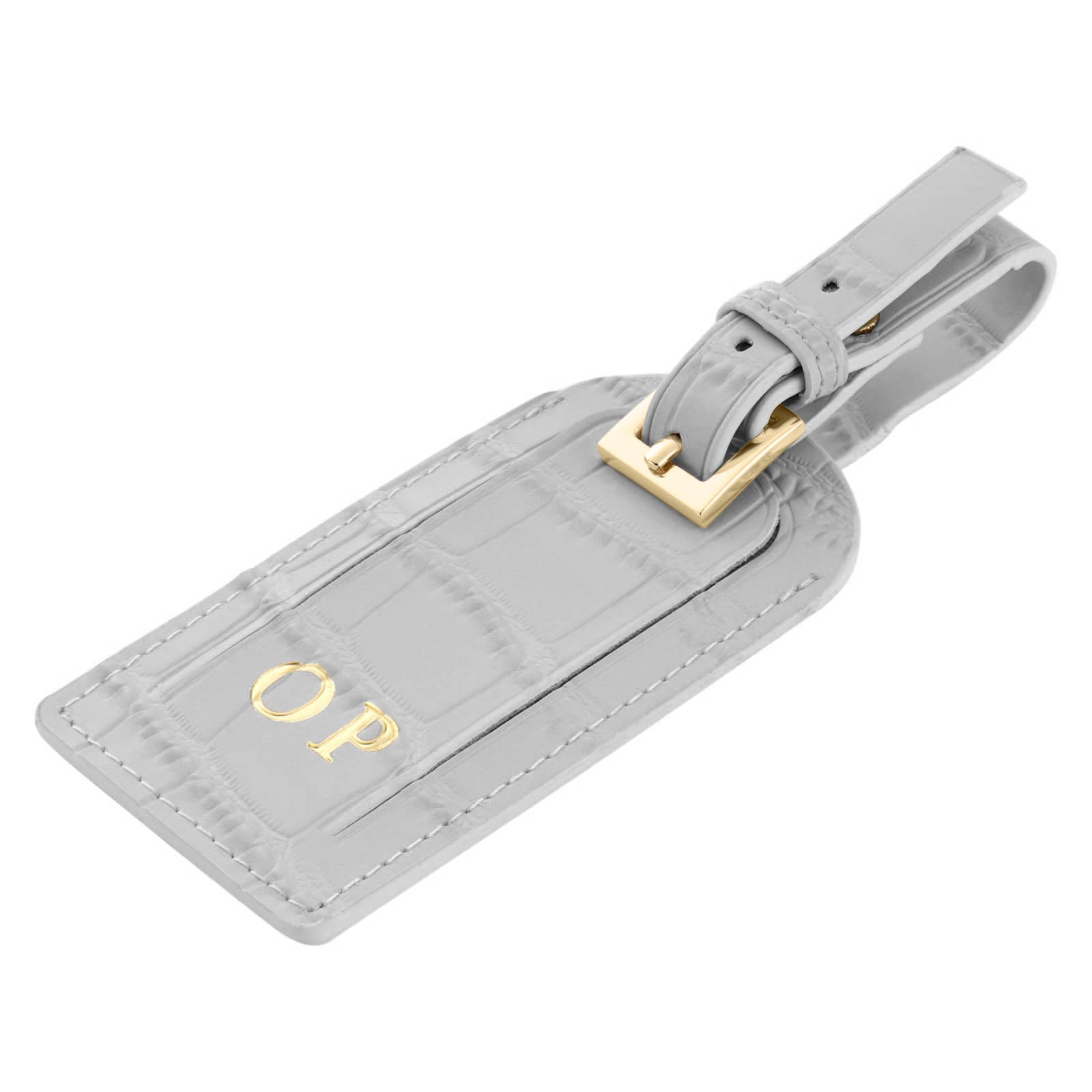Personalised Grey Croc Leather Luggage Tag Side Angle