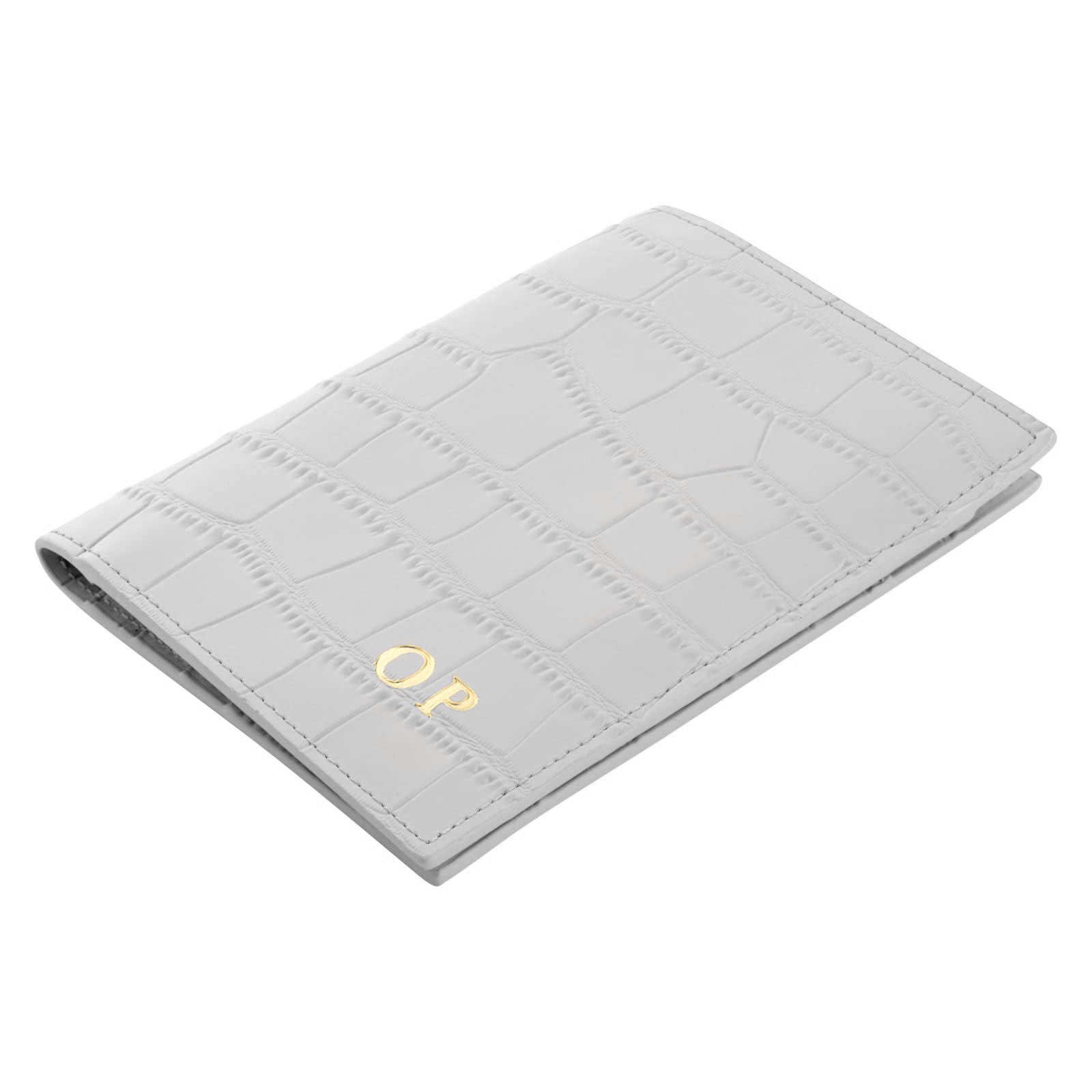 Personalised Grey Croc Leather Passport Holder Side Angle