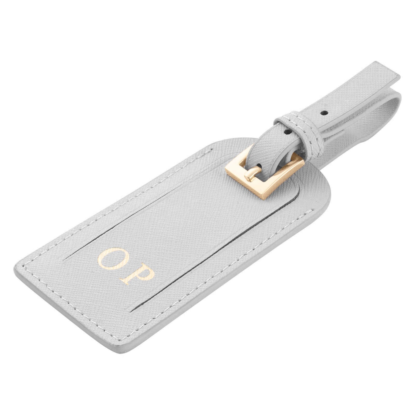 Personalised Grey Saffiano Leather Luggage Tag Side Angle
