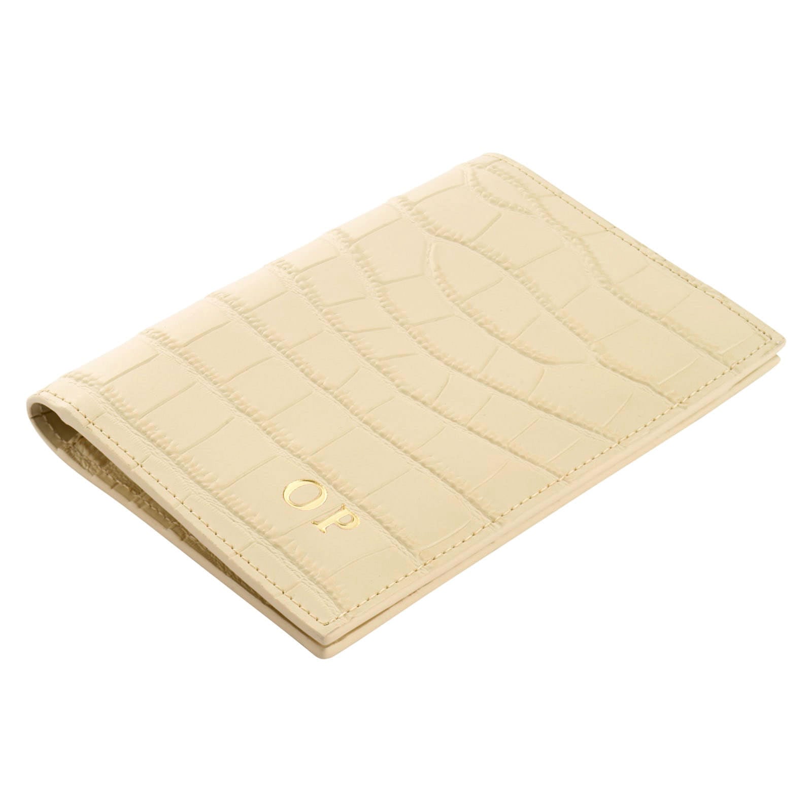 Personalised Ivory Croc Leather Passport Holder Side Angle